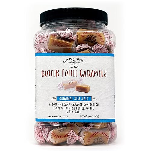 Everton Toffee Butter Toffee Caramels, Original Sea Salt Flavor 50 count (20 oz. Grab Jar). Gourmet artisan Creamy, soft and creamy caramel candy