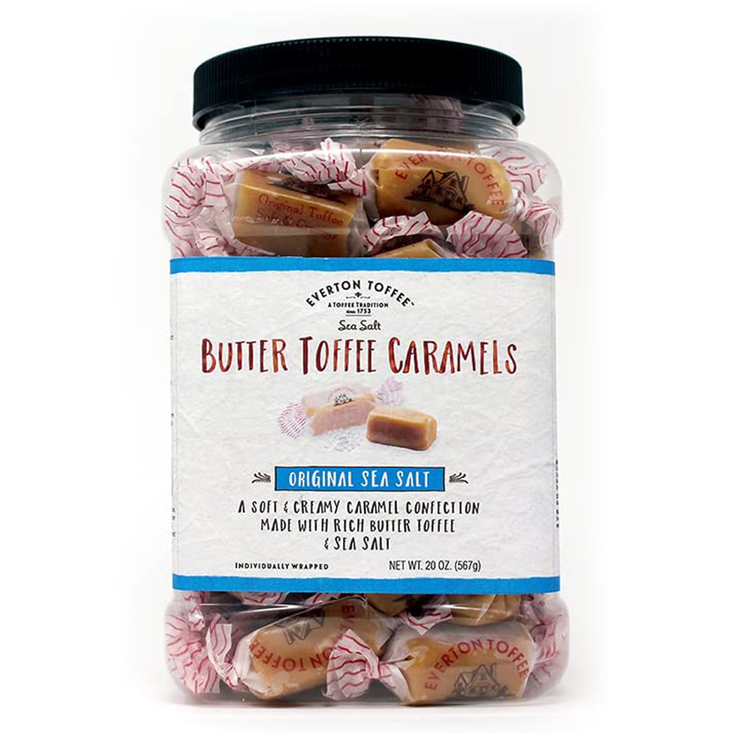 Everton Toffee Butter Toffee Caramels, Original Sea Salt Flavor 50 count (20 oz. Grab Jar). Gourmet artisan Creamy, soft and creamy caramel candy