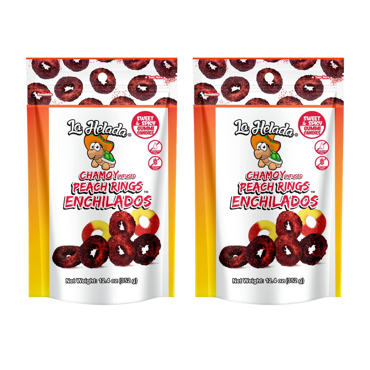 La Helada Gummy Peach Rings Bag 2 Pack - Dulces Enchilados - Spicy Peach Rings - Chamoy Candy - Spicy Gummies - 2/12.4oz Bags