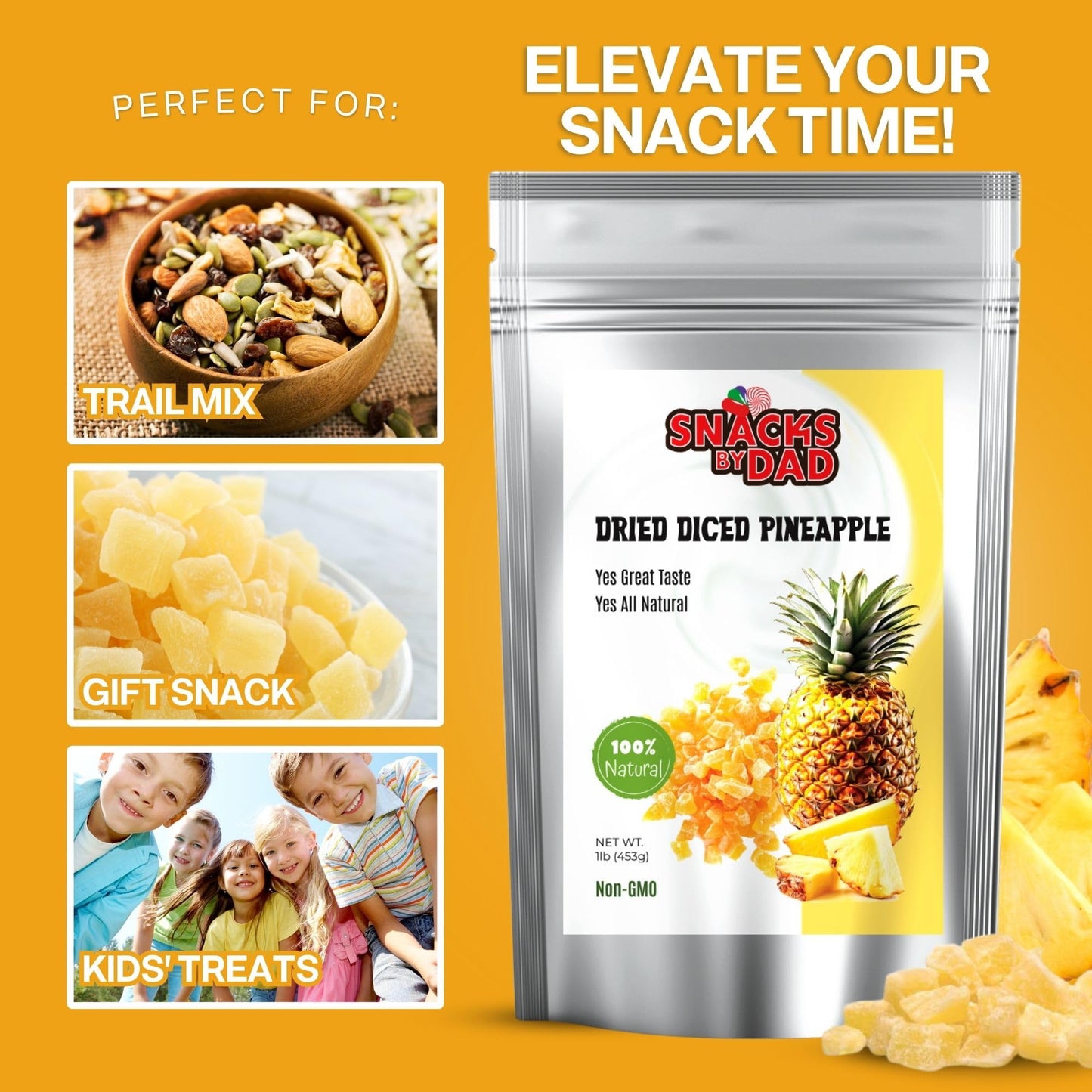 Snacks by Dad Sweetened Dried Diced Pineapple (1 lb) - Bite-Size Chewy Pineapple Pieces for Snacking, Baking, Granola & Trail Mix