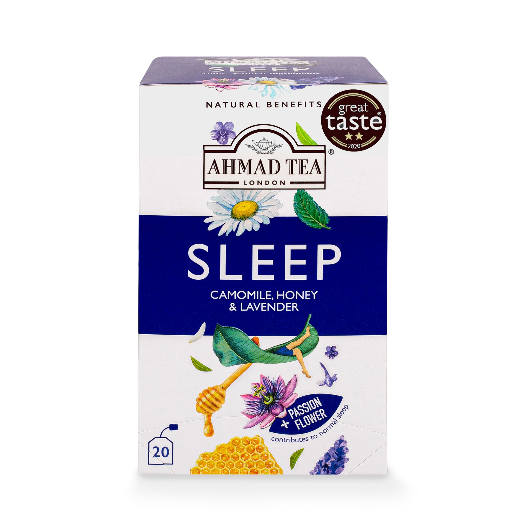 Ahmad Tea Herbal Tea, Camomile, Honey, & Lavender 'Sleep' Natural Benefits Teabags, 20 ct (Pack of 6) - Decaffeinated & Sugar-Free
