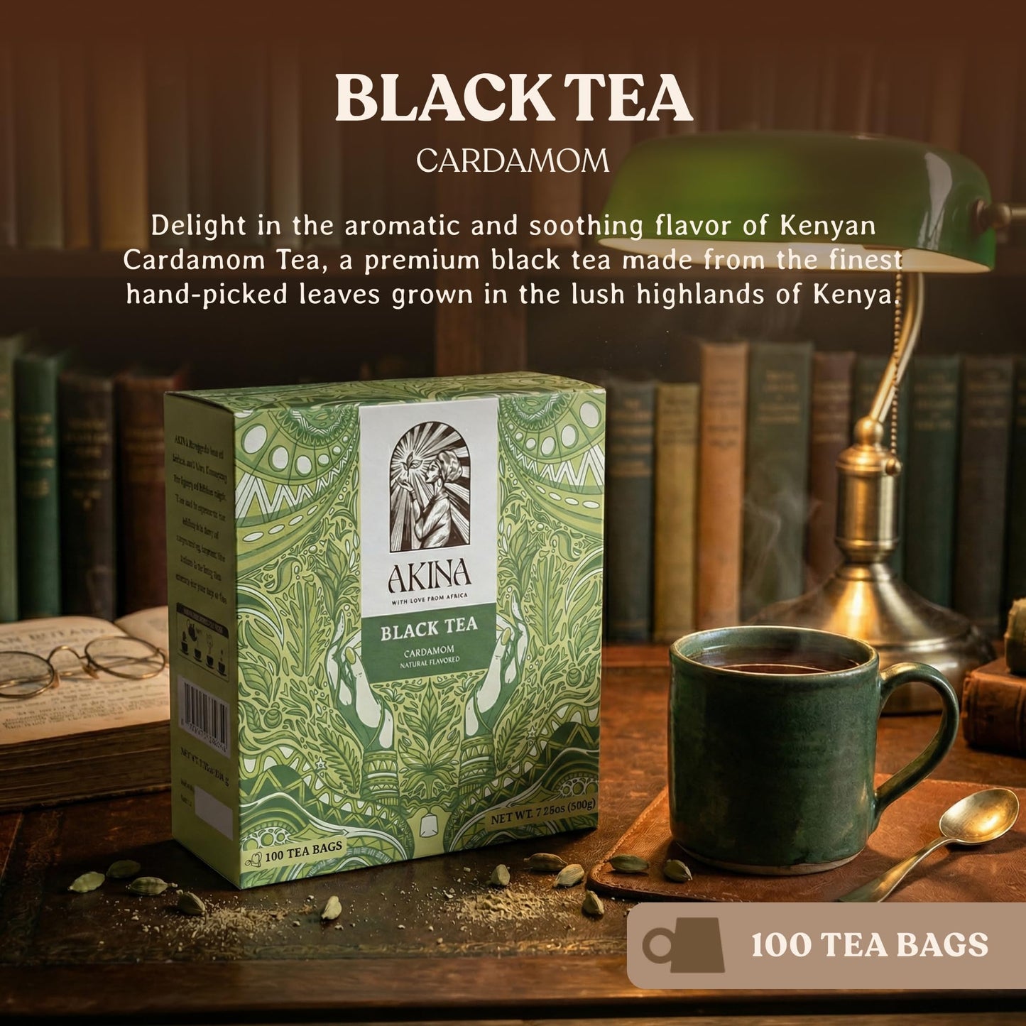 AKINA - Cardamom Flavored Black Tea Bags, Individually Wrapped, Spiced String and Tag Kenyan Cardamom Tea Bags, Warm and Spicy with Invigorating Aroma