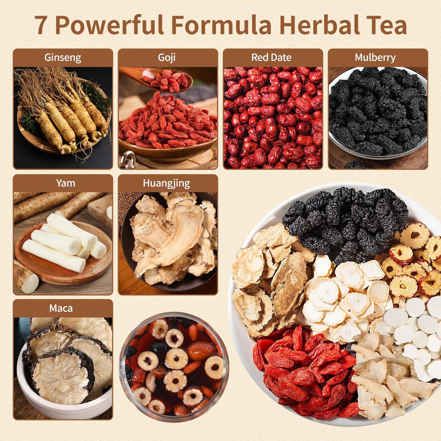Kidney Tea Formula Ginseng Six Treasure Tea - Natural Chinese Traditional Herbal Ginseng Five Treasures Kidney Detox Cleanse Teabag For Men Women (60