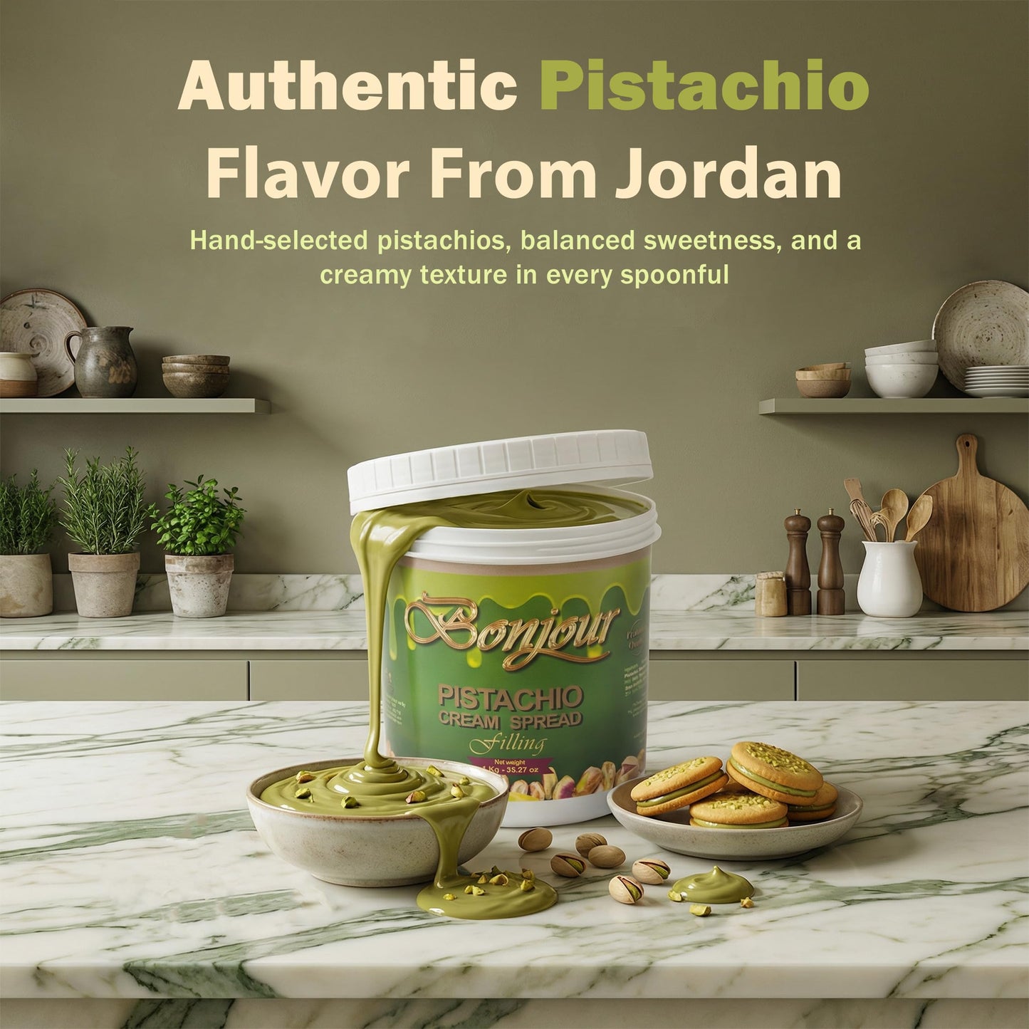 Bonjour Pistachio Cream for Dubai Chocolate, Filling, Topping & Bread - Non-GMO, No Palm Oil - Premium Smooth 1kg Bulk Jar Pistachio Butter Spread