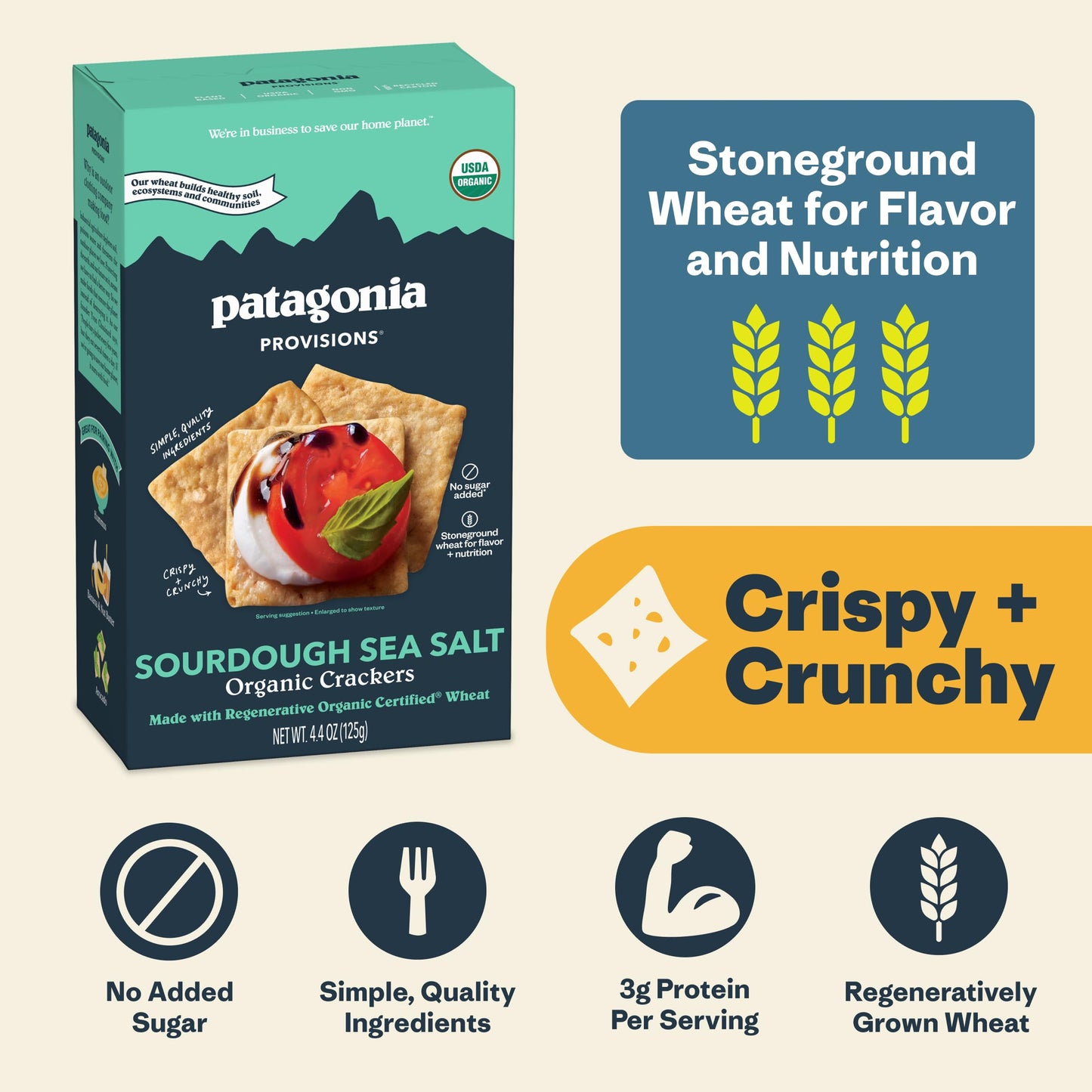 Patagonia Provisions Organic Sourdough Sea Salt Crackers - 3g Plant Protein Per Serving - Made with Wheat Flour & Sea Salt - Non-GMO, No Added Sugar