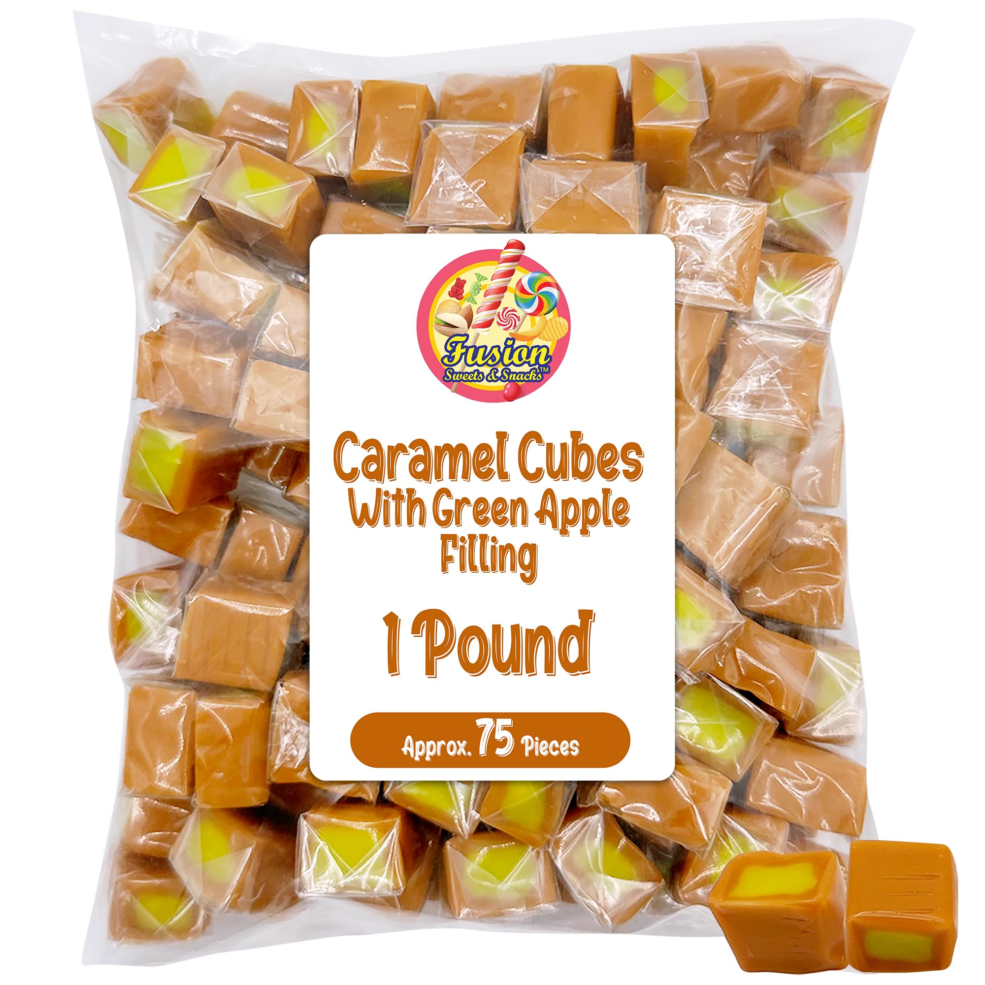 Caramel Cubes Candy Green Apple Filling - 1 Pound Bulk Bag - Individually Wrapped, Caramel Chews Soft Classic Chewy Candy, For all Holidays And Any