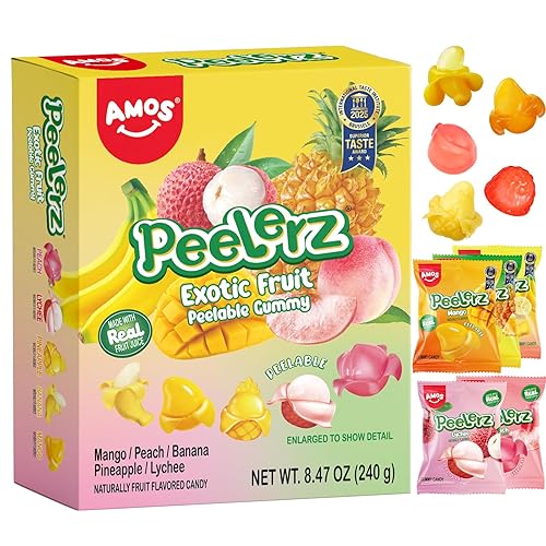 AMOS Peelerz Exotic Fruit Peelable Gummy Candy, 5 Tropical Flavors Mango Peach Banana Pineapple Lychee, Soft Chewy Filled Gummies, Individually