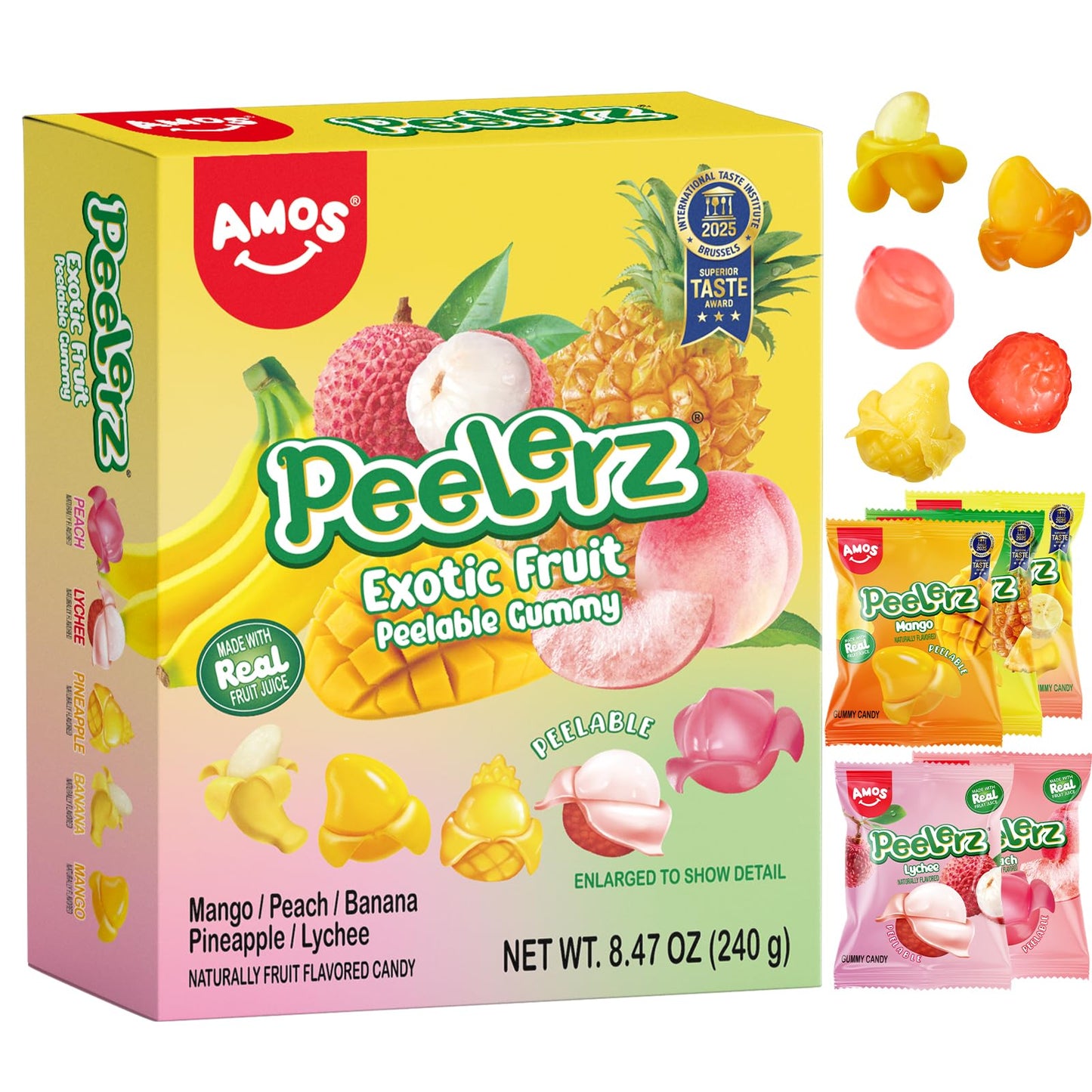 AMOS Peelerz Exotic Fruit Peelable Gummy Candy, 5 Tropical Flavors Mango Peach Banana Pineapple Lychee, Soft Chewy Filled Gummies, Individually