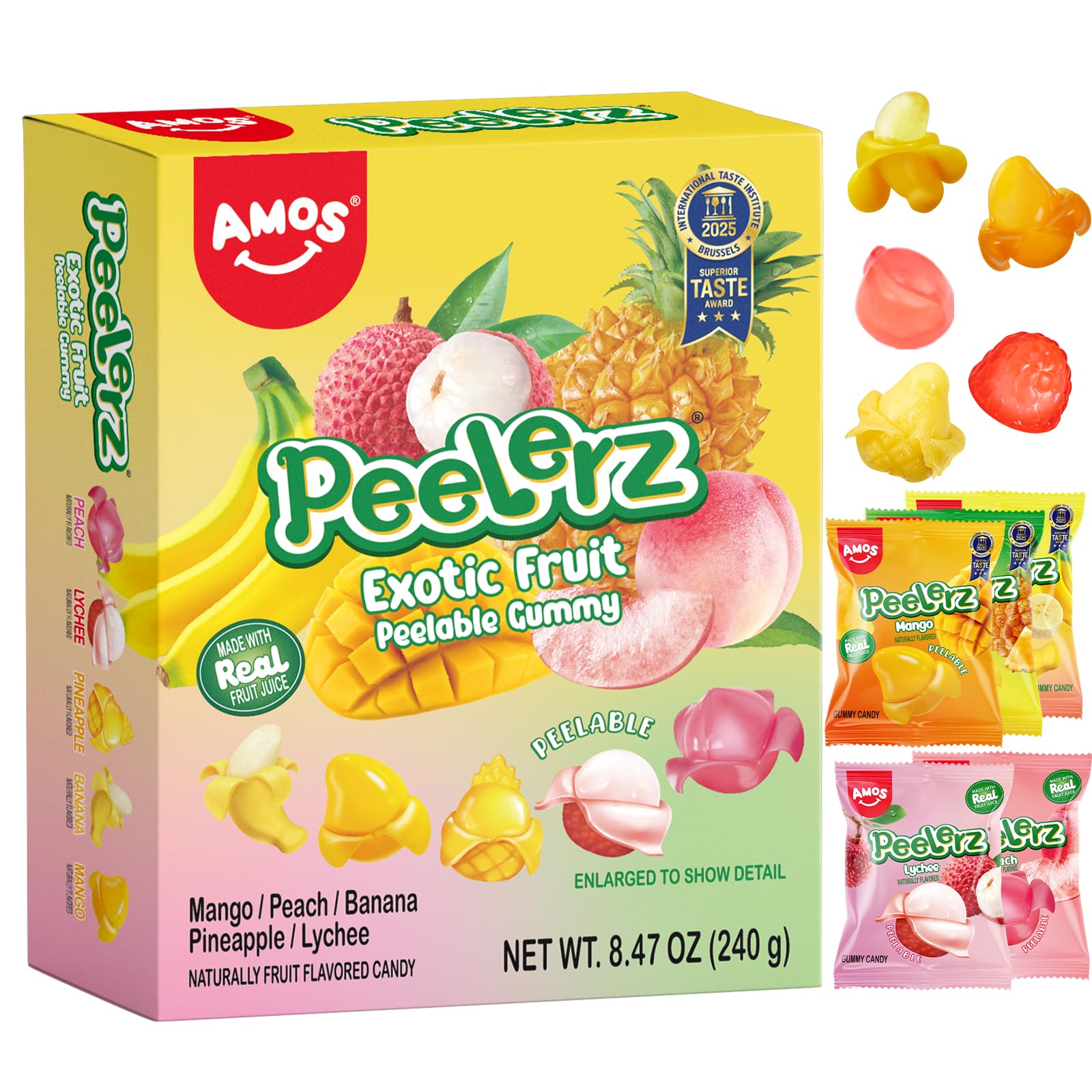 AMOS Peelerz Exotic Fruit Peelable Gummy Candy, 5 Tropical Flavors Mango Peach Banana Pineapple Lychee, Soft Chewy Filled Gummies, Individually