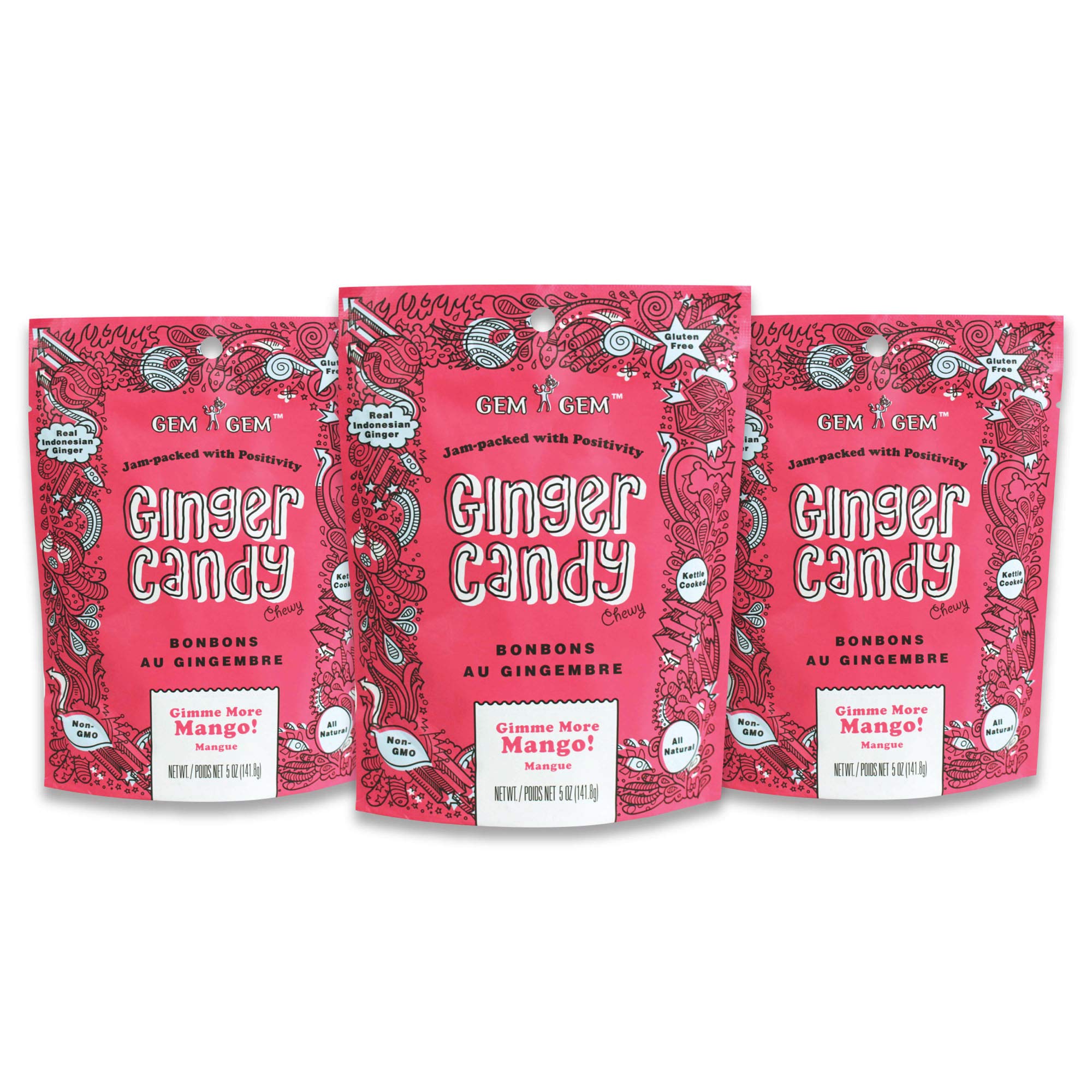 Gem Gem Ginger Candy Chewy Ginger Chews (Mango, 5.0 oz, Pack of 3)