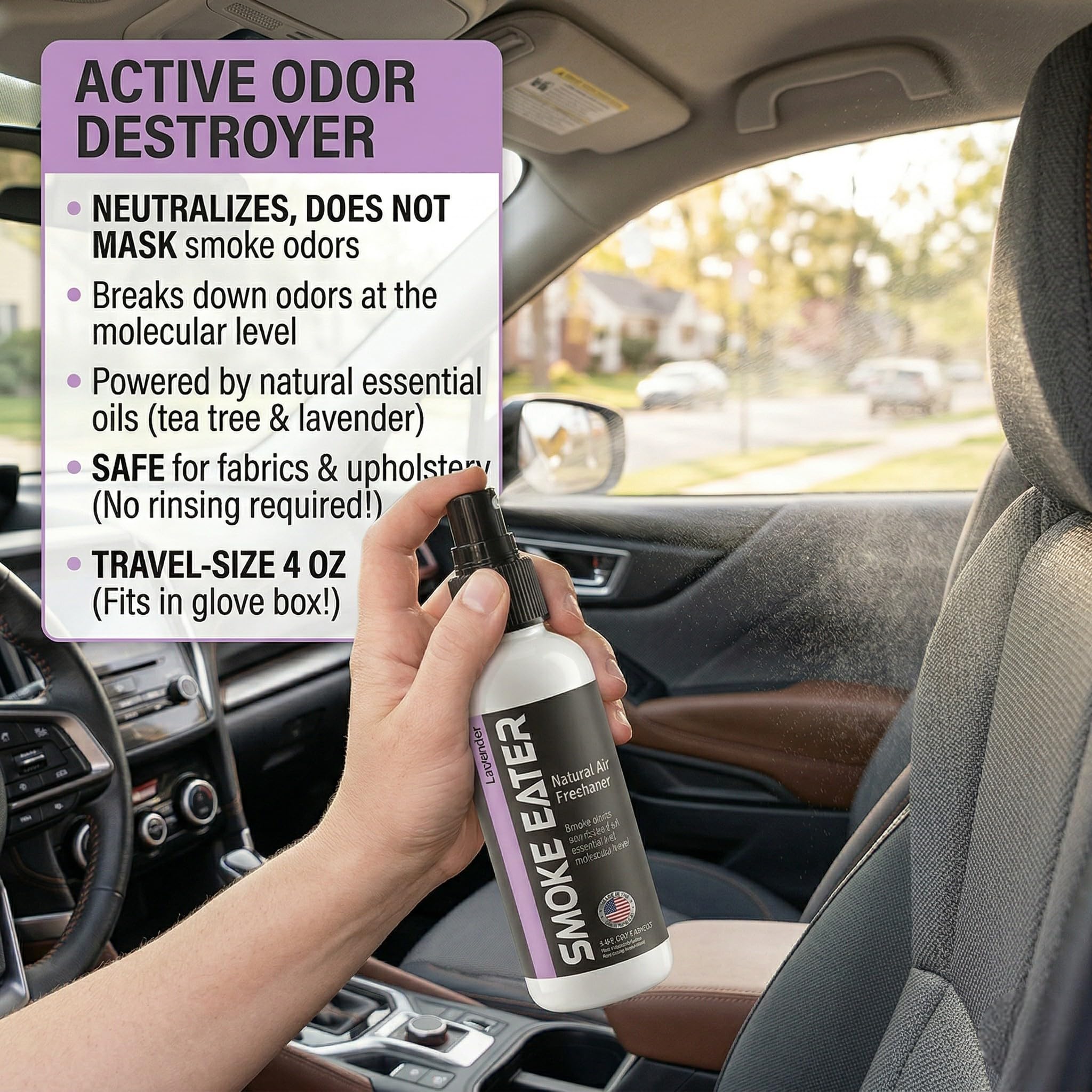 Smoke Eater Cigarette, Cigar, Cannabis & Tobacco Odor Eliminator Spray & Air Freshener for Car, Home, Clothes - Lavender, 4 oz Travel Size - Tea Tree
