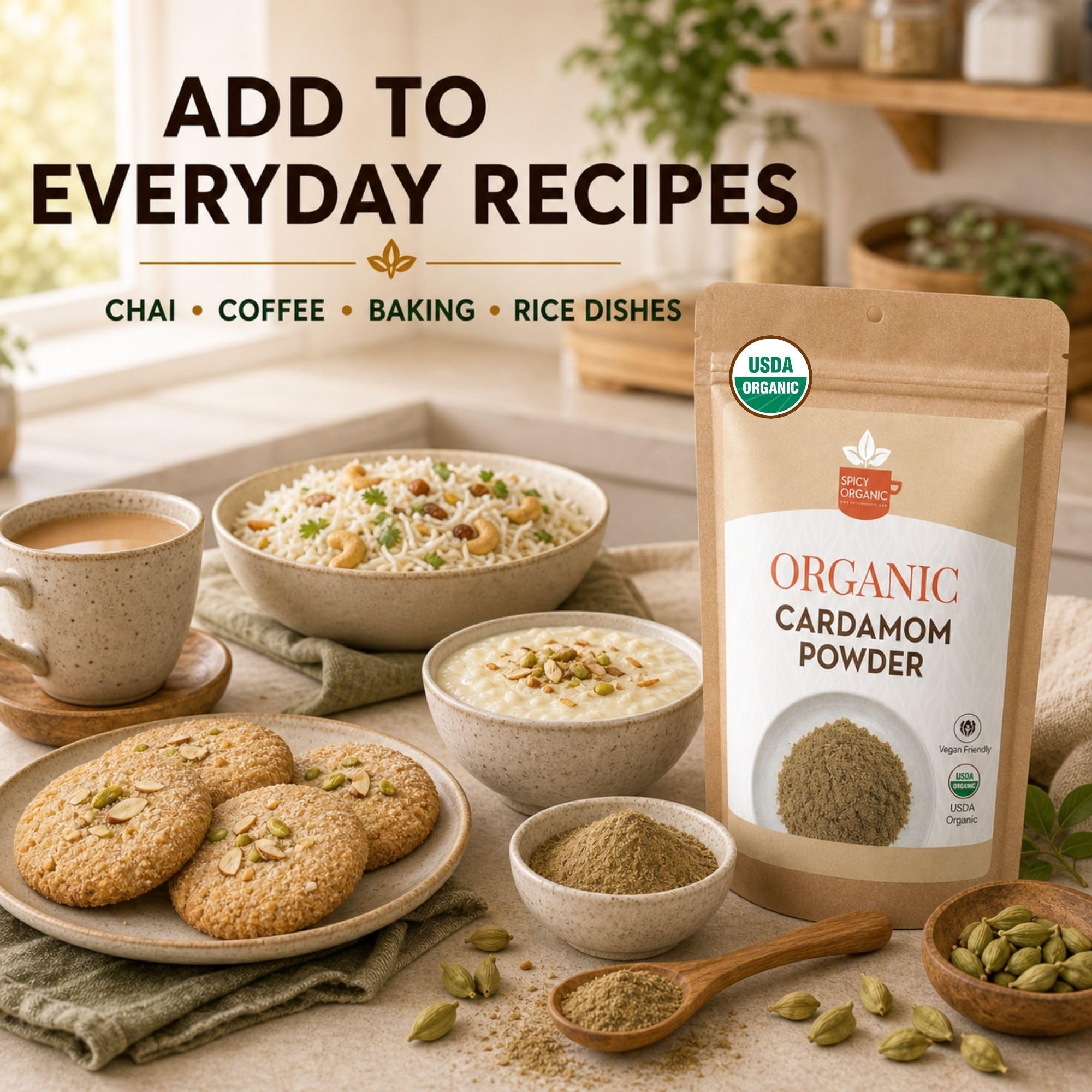 SPICY ORGANIC Ground Cardamom, 16 oz. - Fresh Cardamom Powder - Also Known as Elaichi, Cardamon - USDA Certified Organic, Gluten-Free, Non-GMO