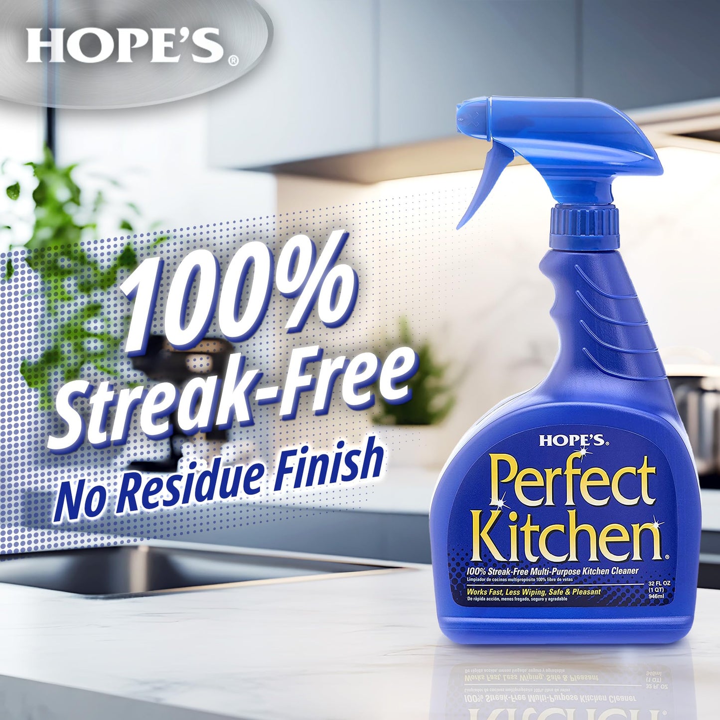 HOPE'S Perfect Kitchen Cleaner Spray - 32 Oz No-Residue All Purpose Cleaning Spray - Multisurface Degreaser for Counters, Stoves, Microwaves, and More