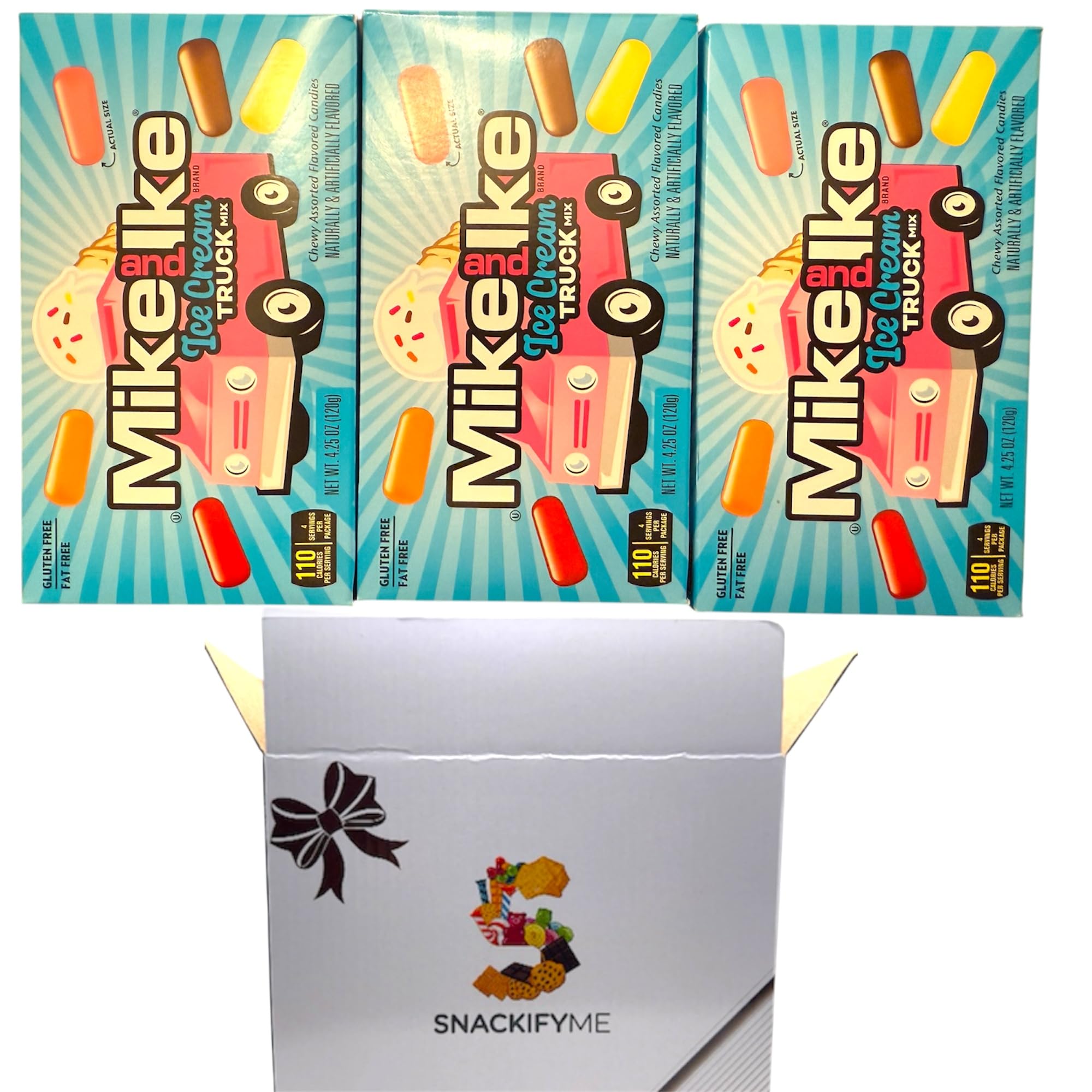 SNACKIFYME Gift Box Of Mike and Ike ice cream truck mix Chewy, Limited Edition 3 Pack 4.25 oz (120g) - Gluten-Free, Fat-Free, Perfect for Sharing.