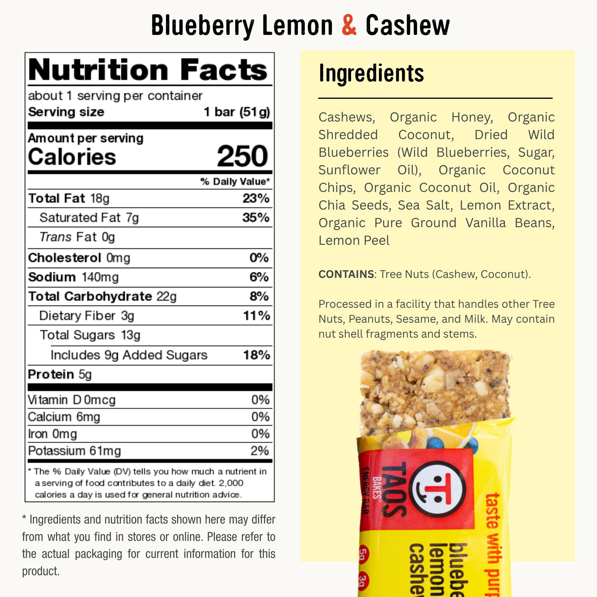 Taos Bakes - Blueberry Lemon + Cashew Coconut - Breakfast Bar - Gluten Free, Non-GMO, Healthy Granola Bars - Filled with Cashews, Wild Blueberries