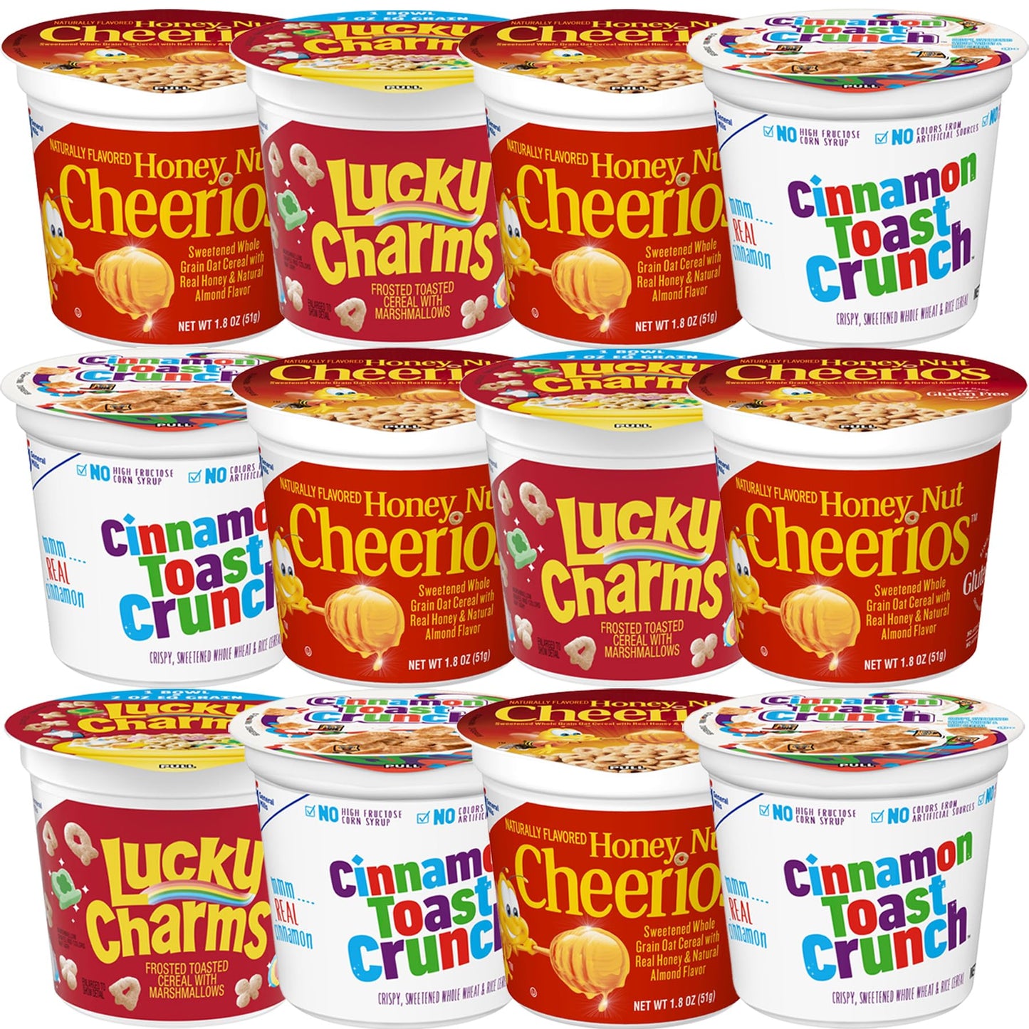Cereal Cups Variety Pack - Single Serve Breakfast Cereal Assortment - Honey Nut Cheerios, Lucky Charms, Cinnamon Toast Crunch - Care Package Gift Box