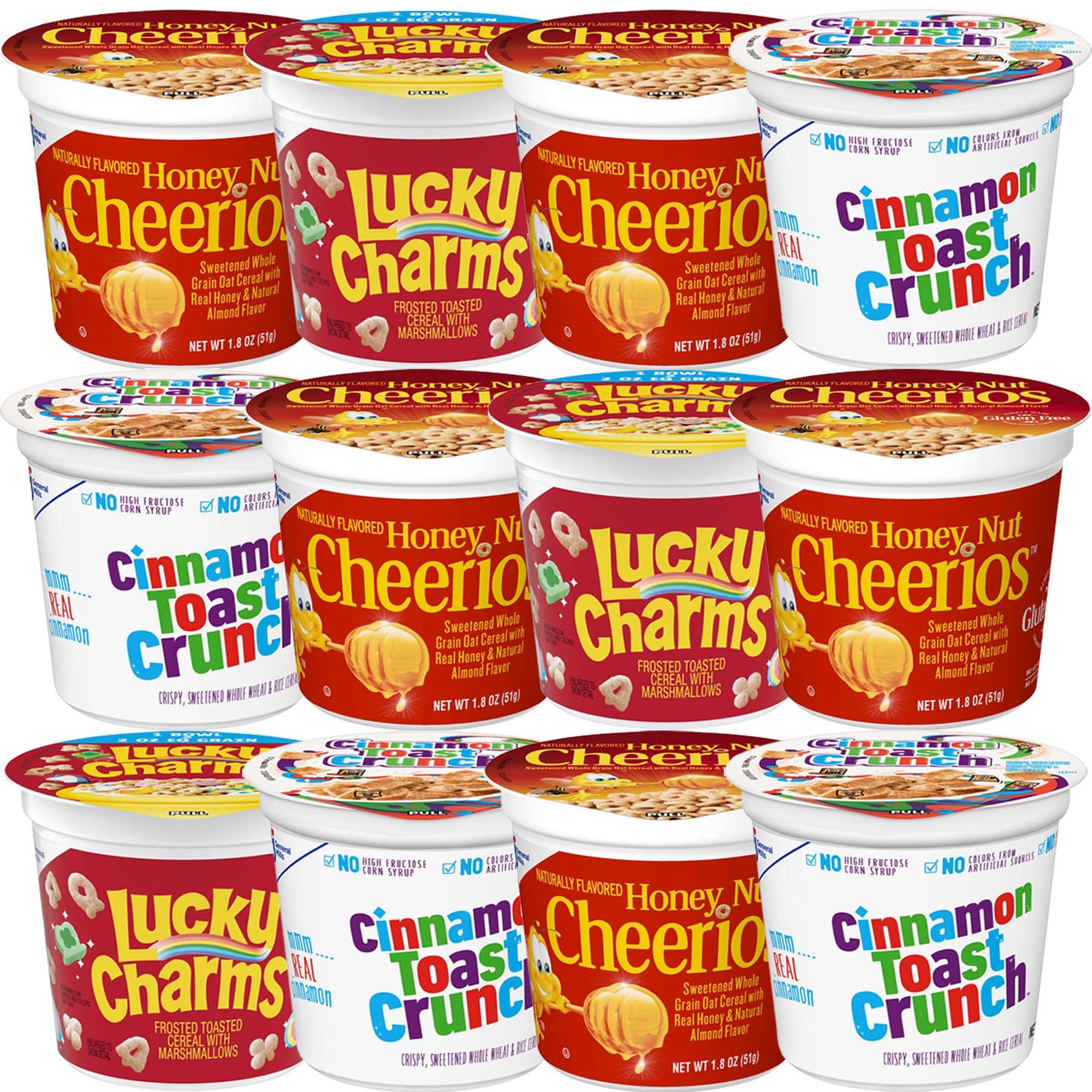 Cereal Cups Variety Pack - Single Serve Breakfast Cereal Assortment - Honey Nut Cheerios, Lucky Charms, Cinnamon Toast Crunch - Care Package Gift Box
