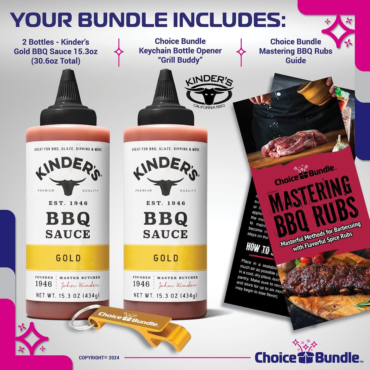 Kinder’s Gold BBQ Premium Barbecue Sauce 2 Pk (30.6 oz) Great to Dip Toss Glaze & More + Barbecue Masters & Bottle Opener (4 Items)!