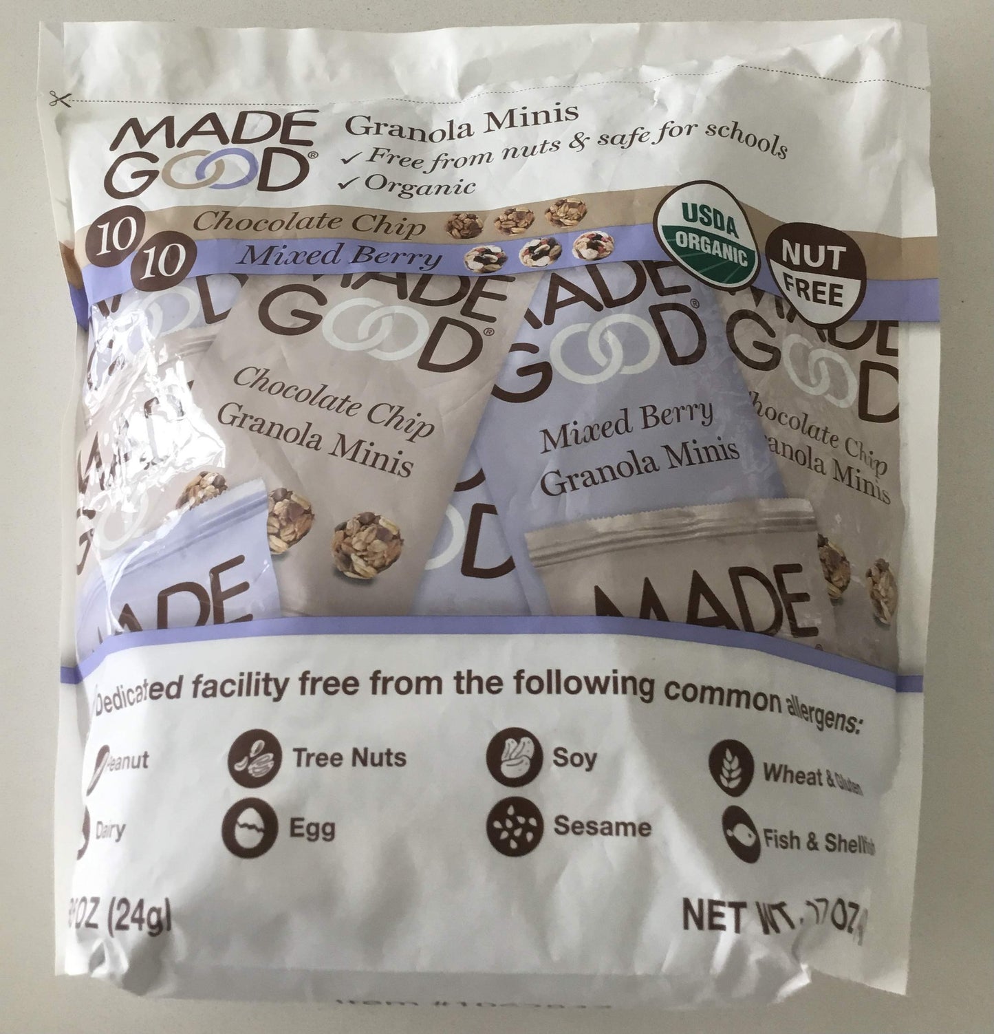 MadeGood Granola Minis Club Pack (20 ct, 0.85 oz. each); 10 Bags Chocolate Chip and 10 Bags Mixed Berry Granola Minis; Vegan, Gluten-Free