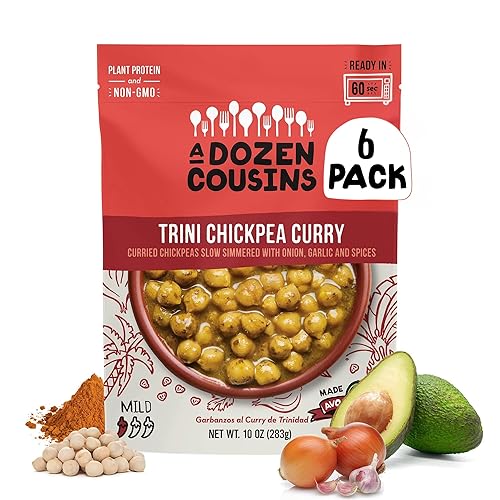 A Dozen Cousins Trini Chickpea Curry Beans (6-Pack) Prepared Food Pouch, Ready to Eat Meal in Seasoned Avocado Oil, Premade Microwave Meal, Instant