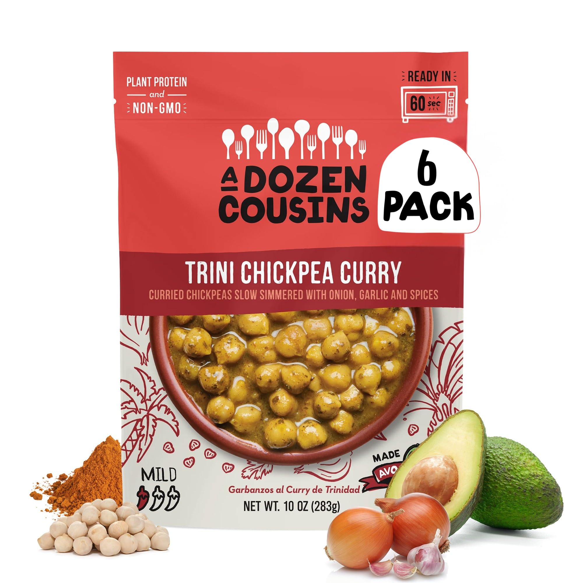 A Dozen Cousins Trini Chickpea Curry Beans (6-Pack) Prepared Food Pouch, Ready to Eat Meal in Seasoned Avocado Oil, Premade Microwave Meal, Instant