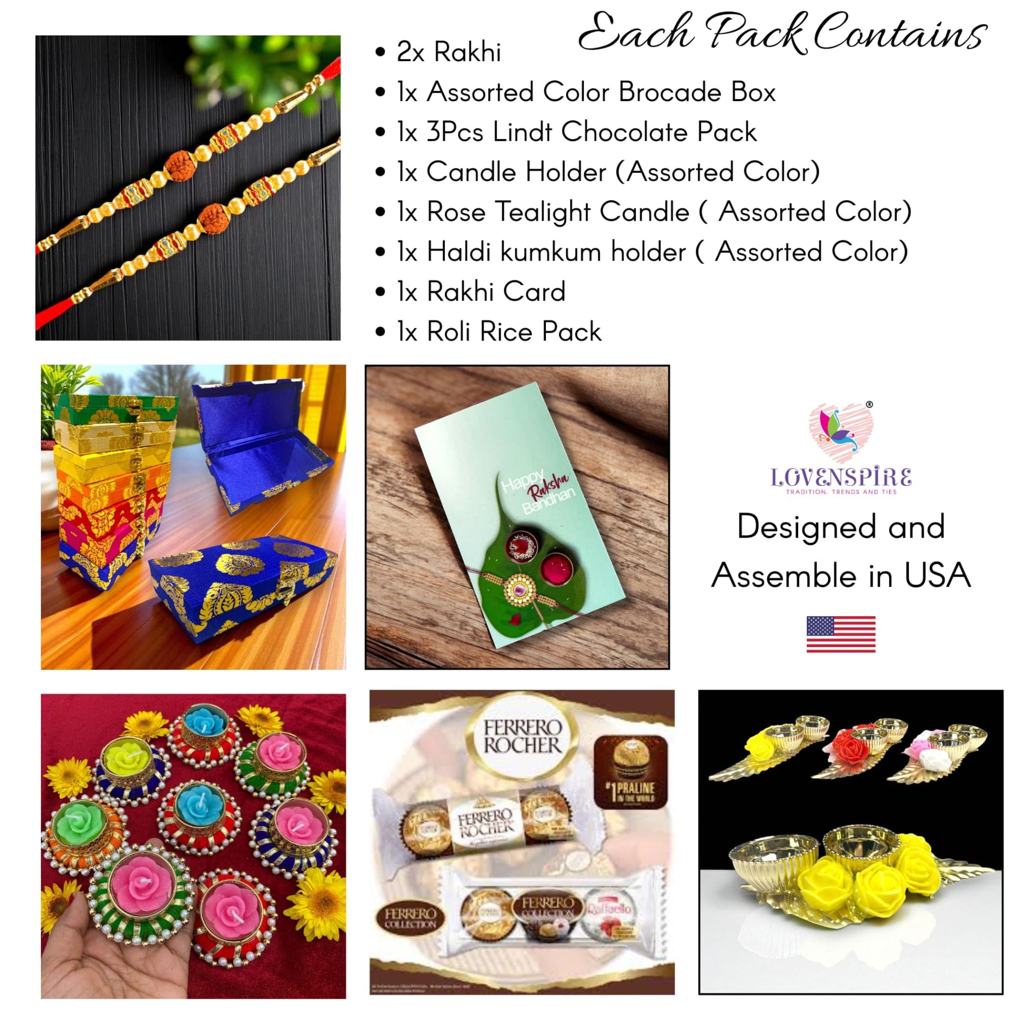 LoveNspire Rakhi Gift Hamper for Brother 2PC Rudraksha Rakhi with Candle Holder Haldi Kumkum Holder Roli Chawal Rakshabandhan Card Chocolates