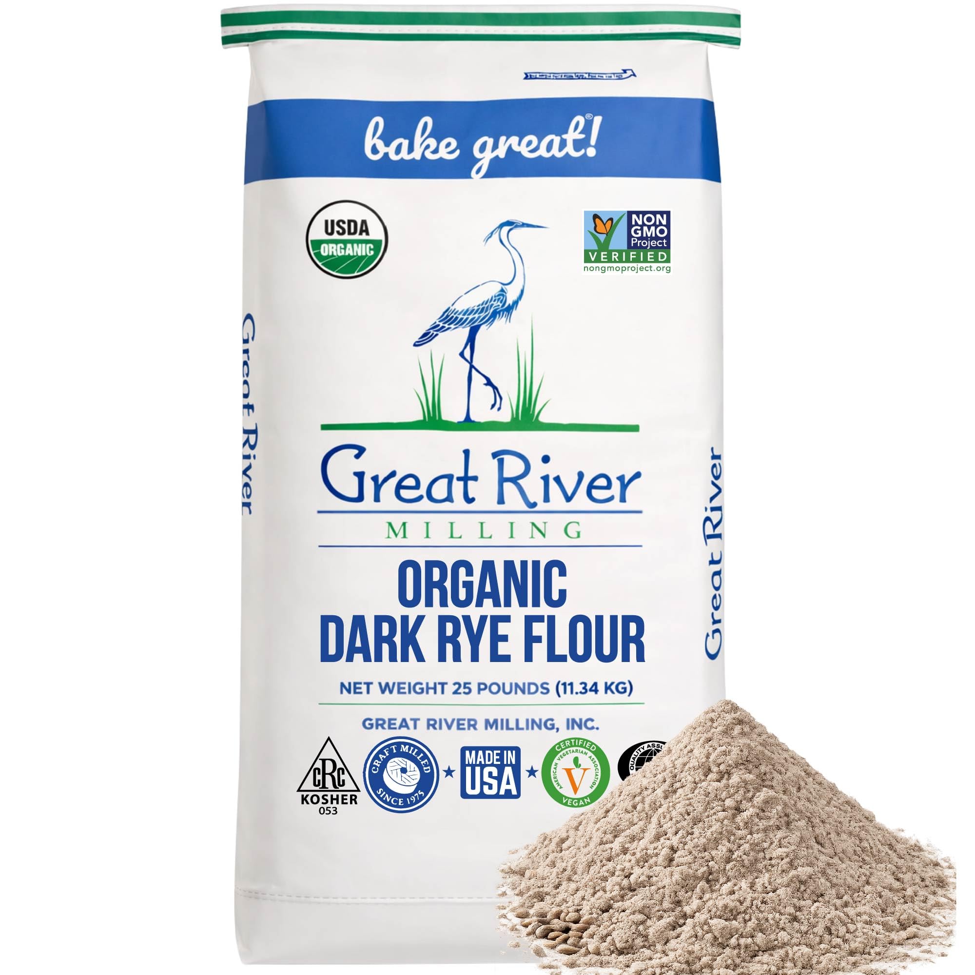 Great River Milling Organic Dark Rye Flour | Whole Grain, Non-GMO, Kosher, Unbromated | Earthy Flavor for Rye Bread, Sourdough Starter, Bagels