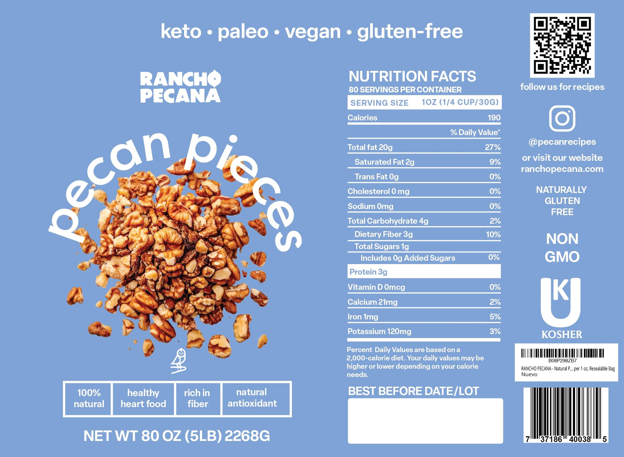 RANCHO PECANA - Natural Pecan Pieces, 5 LB, Gluten Free Chopped Pecans, non-GMO, Vegan Snack, Organic Snack, Kosher, Keto, 3g Protein per 1 oz