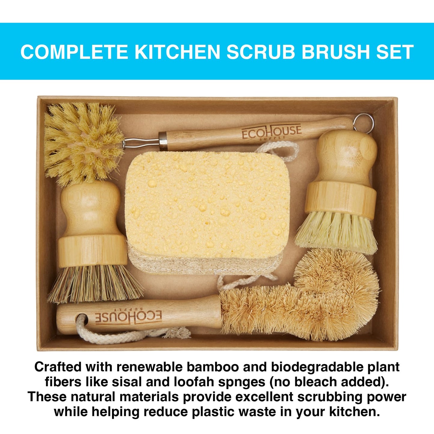 ECOHOUSE SUPPLY™ Bamboo Dish Brush Set - 6-Piece Natural Fiber Kitchen Brush Set with Loofah Sponges (No Bleach), Sisal & Palm Scrubbers - Non-Toxic