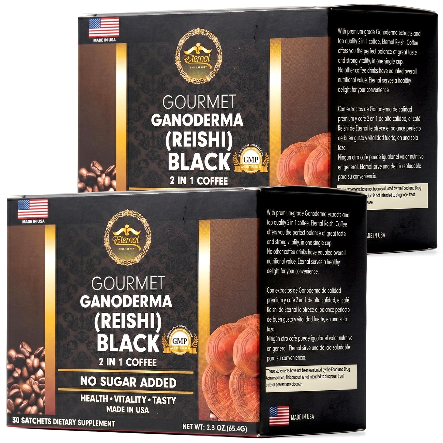 Eternal Gourmet Ganoderma (REISHI) Black Coffee 2 in1 Made in USA Cafe Negro con ganoderma Eternal(2-Pack)