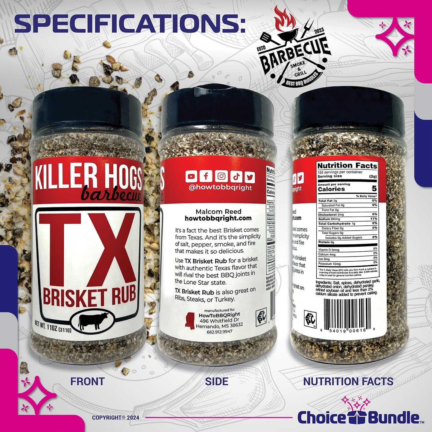 Killer Hogs TX Brisket Rub - Texas Style Premium BBQ Seasoning 4 pk (44 oz) + Barbecue Masters & Bottle Opener (6 Items)!