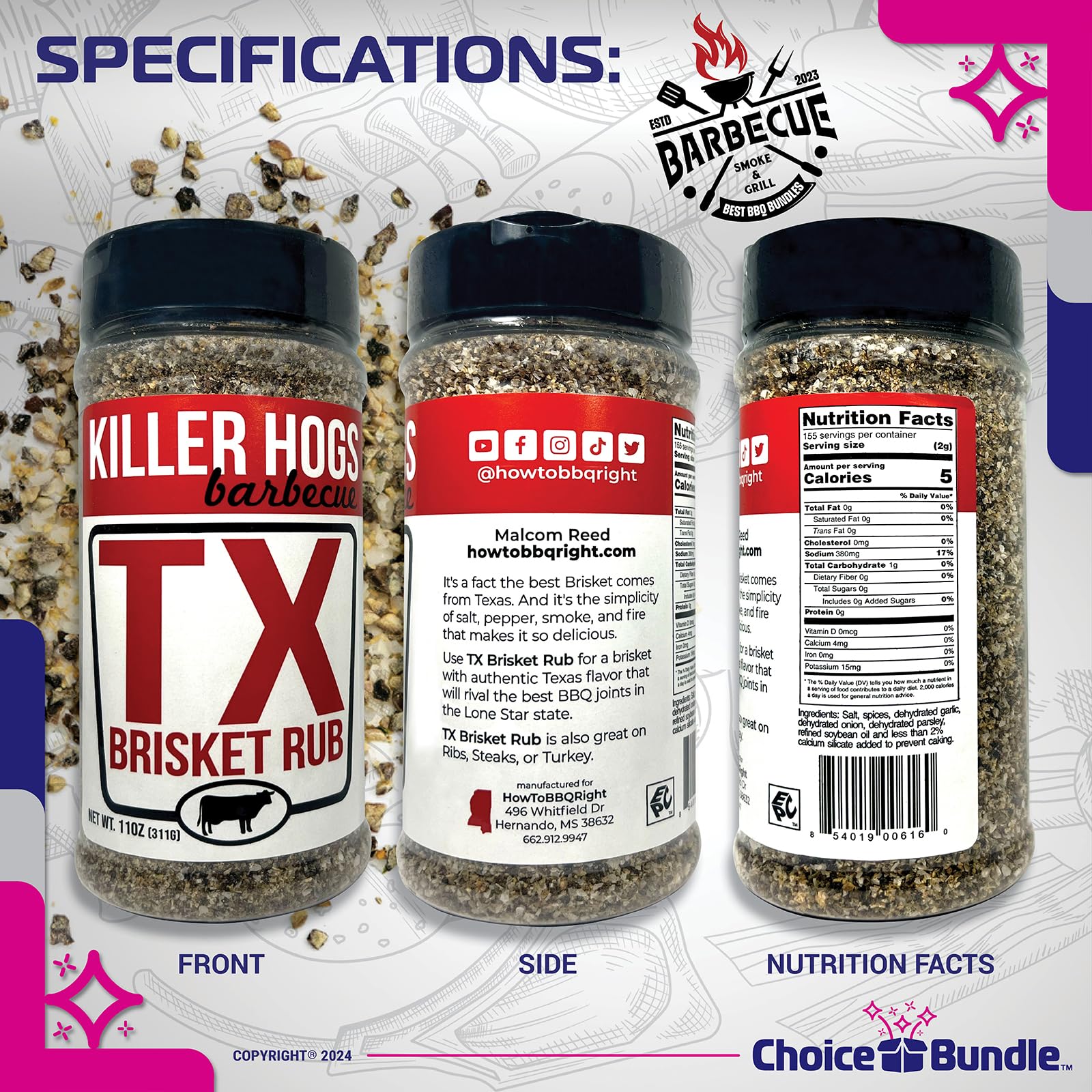 Killer Hogs TX Brisket Rub - Texas Style Premium BBQ Seasoning 4 pk (44 oz) + Barbecue Masters & Bottle Opener (6 Items)!
