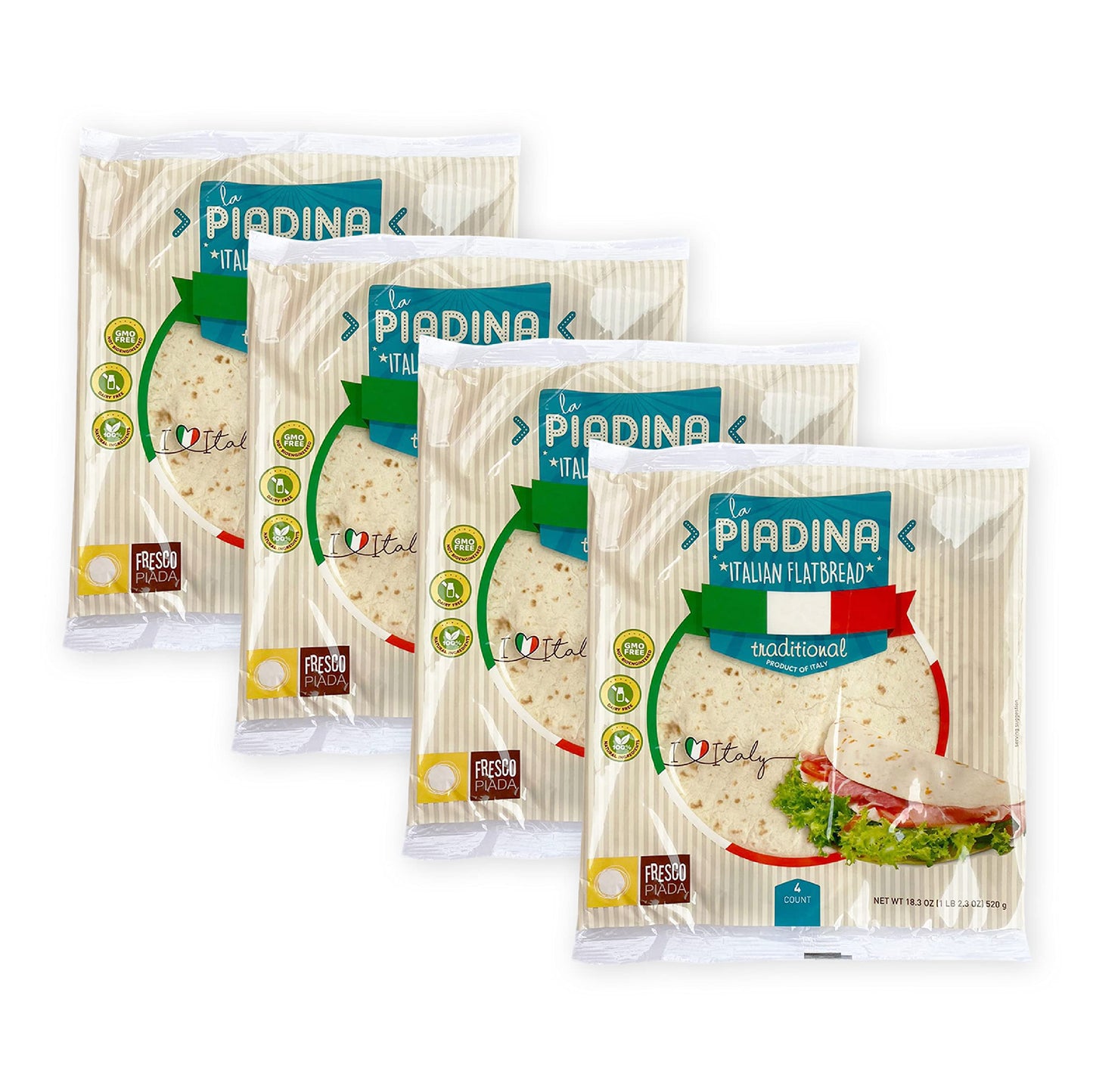 Fresco Piada Italian Flatbread - 4 Packs (16 Count Total) | Authentic Piadina Bread Made in Italy | TRADITIONAL RECIPE | No Preservatives, GMO