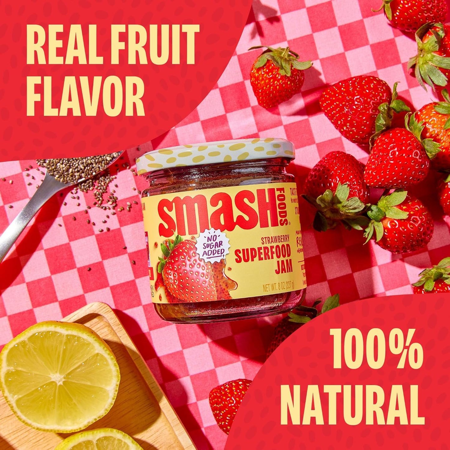 Smash Foods Strawberry Jam | Low-Calorie, No Sugar Added Keto Jam with Upcycled Fruit & Chia Seeds | Vegan, Paleo Superfood Fruit Spread (1 Jar)