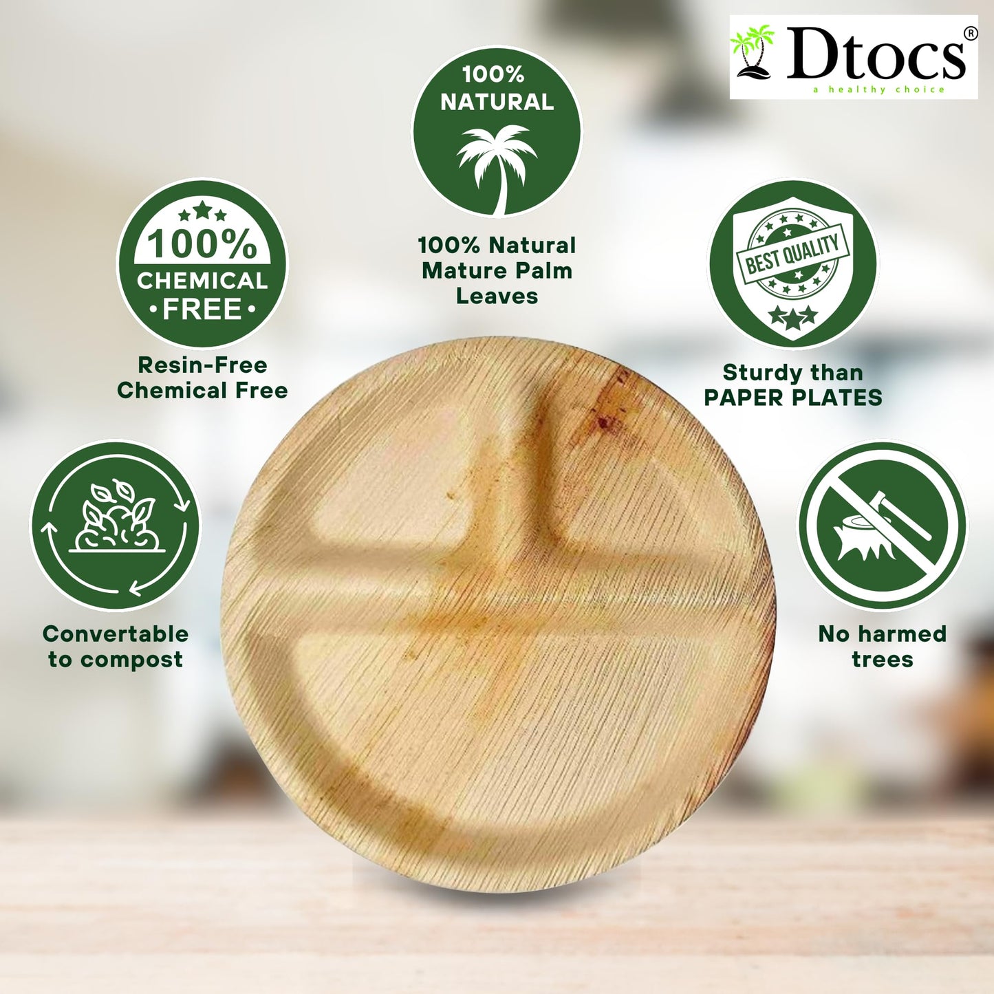Dtocs 3 Compartment Plates (50 Pc) Palm Leaf 10 Inch Round Portion Control Buffet Sectional Plate | Bamboo Plates Disposable Like Compostable Camping