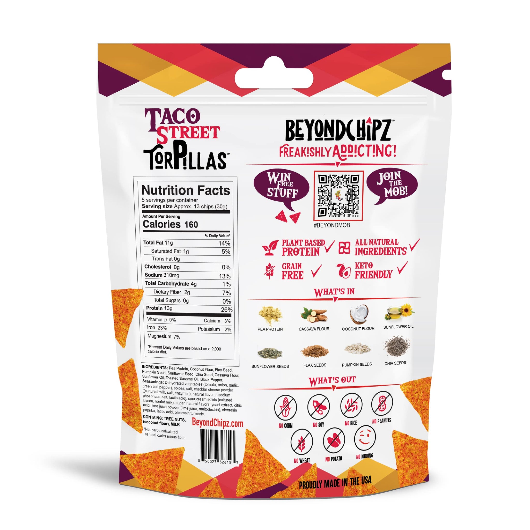 BeyondChipz Low Carb Tortilla Chips, Taco Street, Keto Friendly, Gluten Free, One 5.3oz Pouch