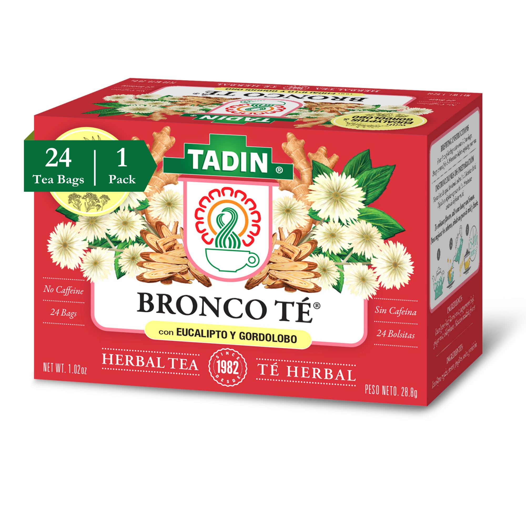 Tadin Bronco Tea with Eucalyptus and Gordolobo, Herbal Tea, Caffeine Free, 24 Tea Bags Per Box, Pack of 1