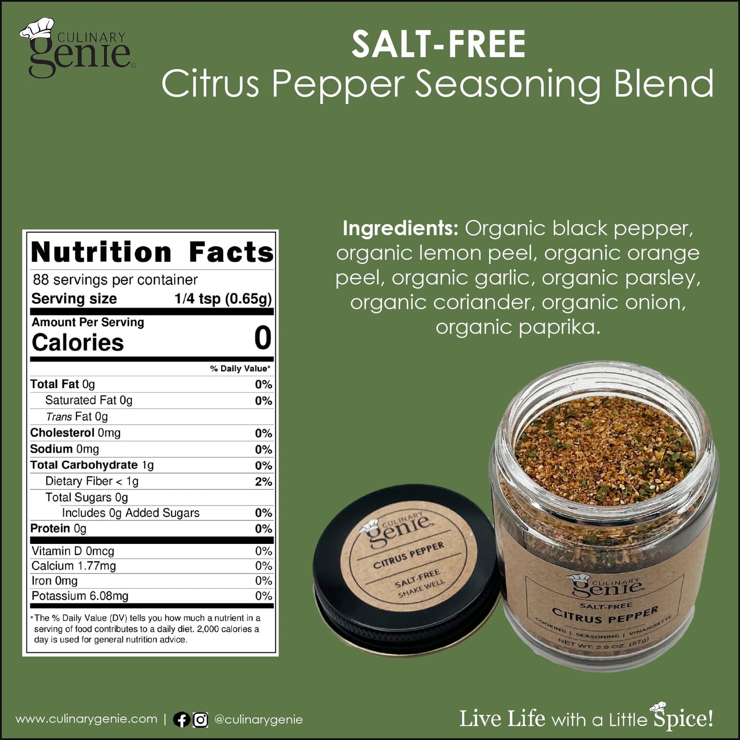 Culinary Genie Salt-Free Citrus Pepper Seasoning Blend - Lemon Pepper Style with Orange Zest, No Salt or Sugar Added