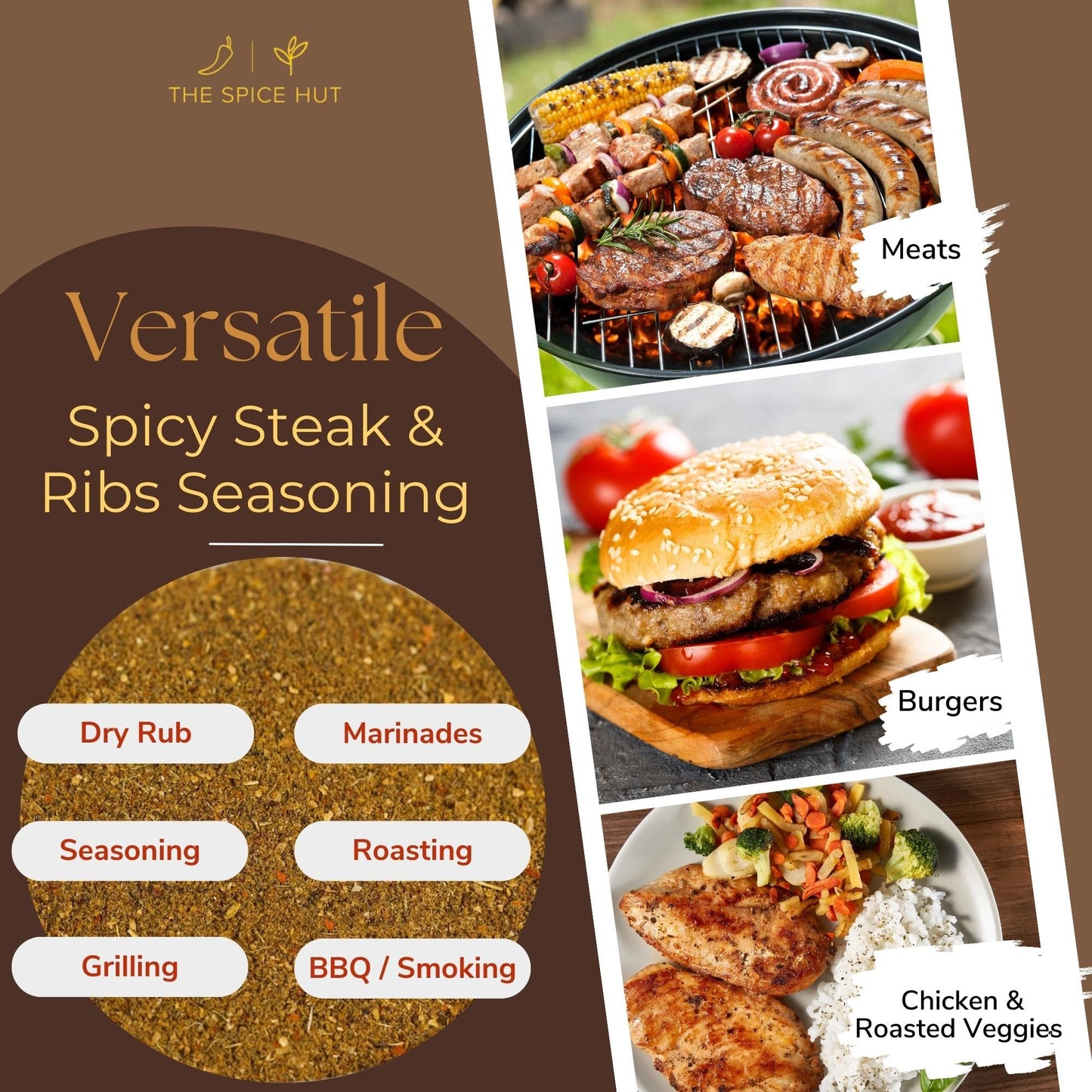 Organic Spicy Steak and Ribs Seasoning, No Salt, Flavorful All-Purpose Meat Spice Blend for Grilling Ribs, Burgers, Steak, Chicken, and Pork / Spicy