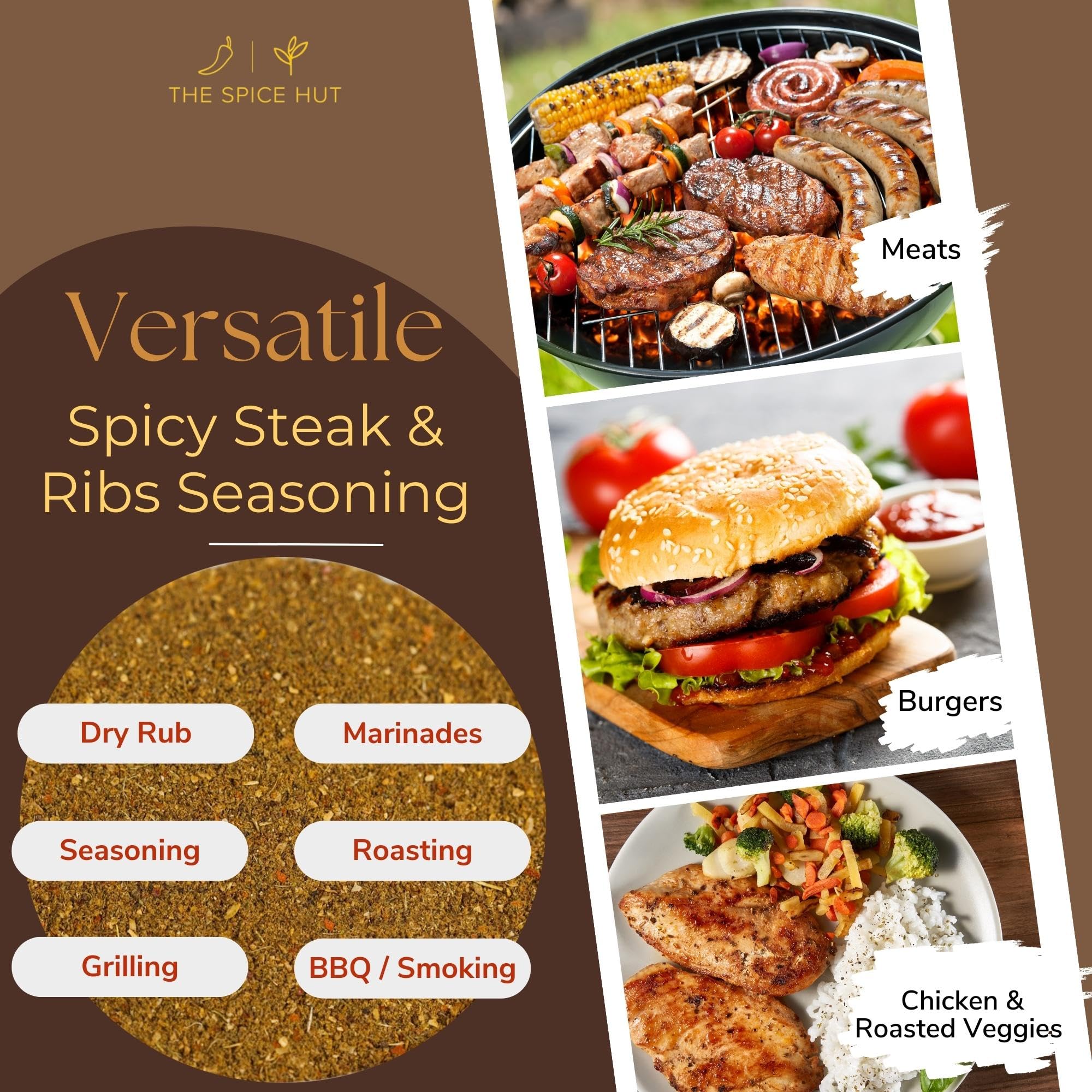 Organic Spicy Steak and Ribs Seasoning, No Salt, Flavorful All-Purpose Meat Spice Blend for Grilling Ribs, Burgers, Steak, Chicken, and Pork / Spicy