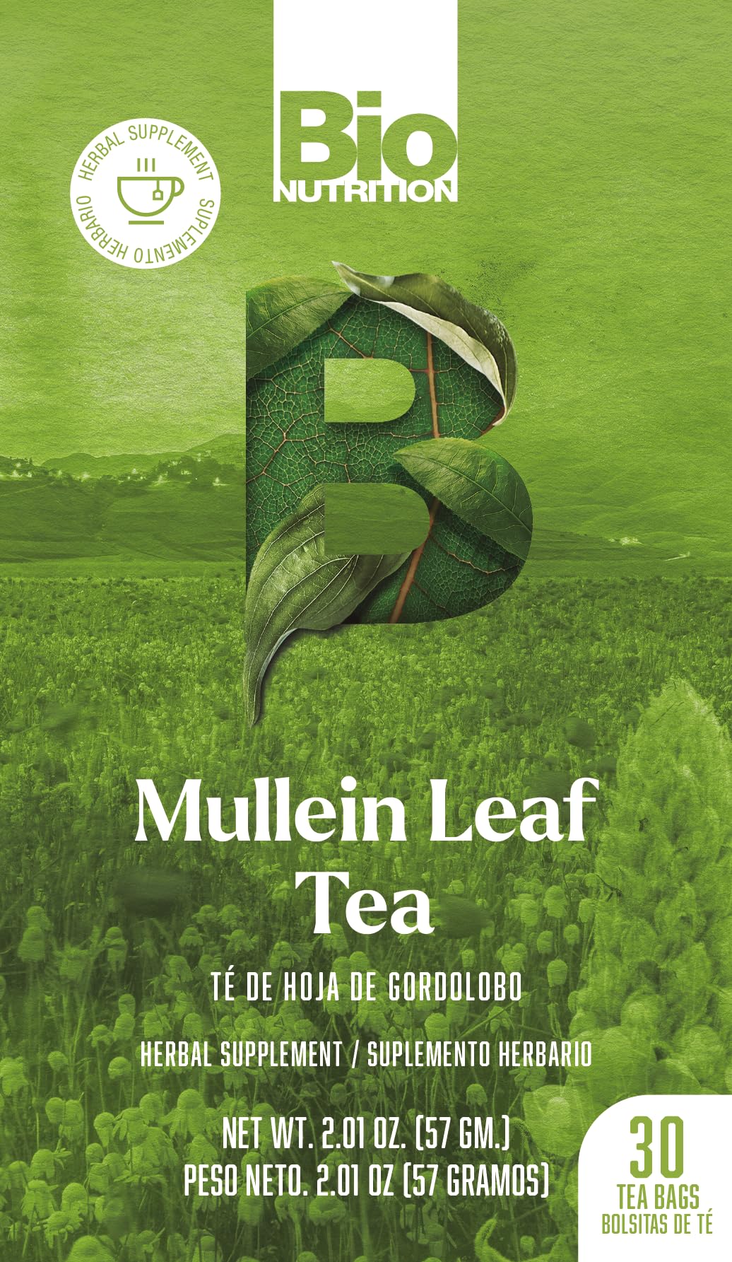 Bio Nutrition Mullein Leaf Tea, Herbal Supplement, 30 Tea Bags, 2.01 oz