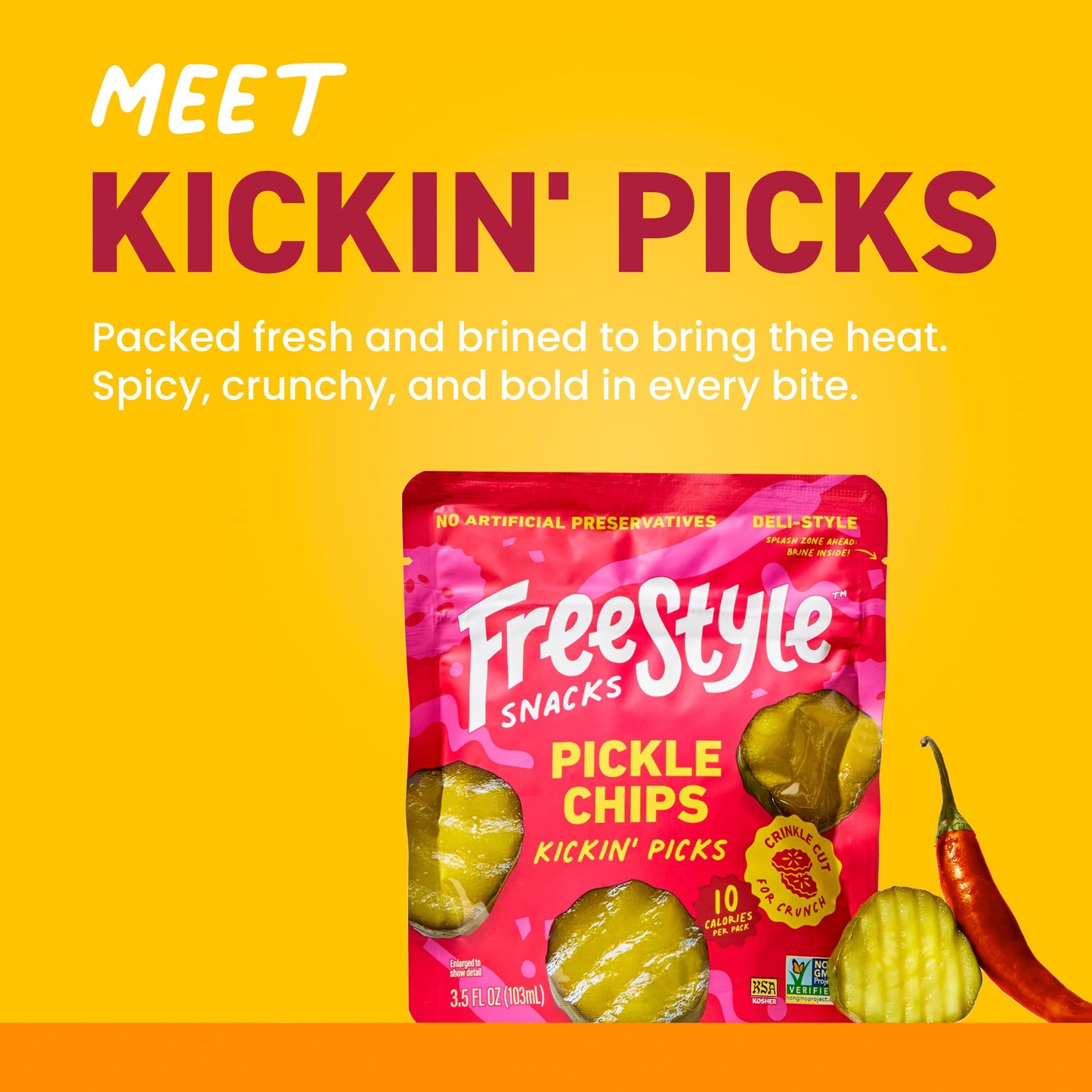 Freestyle Snacks Pickle Chip Snack Packs - Spicy Dill - All Natural, Fresh-Packed Deli-Style Pickles - Non-GMO, Kosher, Gluten-Free, Low Calorie