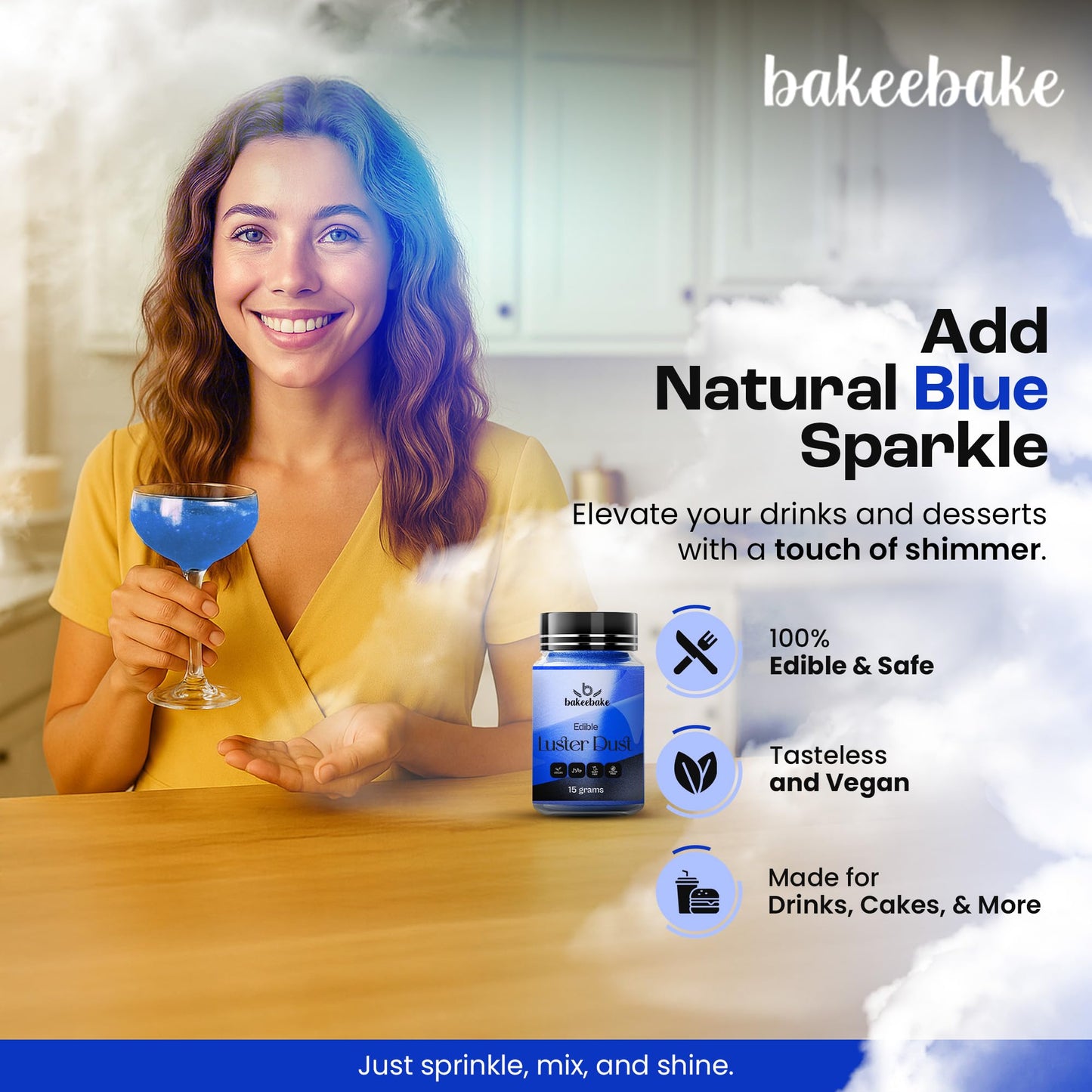 Bakeebake Luster Dust Edible 15g - Edible Glitter for Drinks & Desserts - Gluten Free Edible Blue Dust for Cake Decorating - Tasteless Vegan Drink