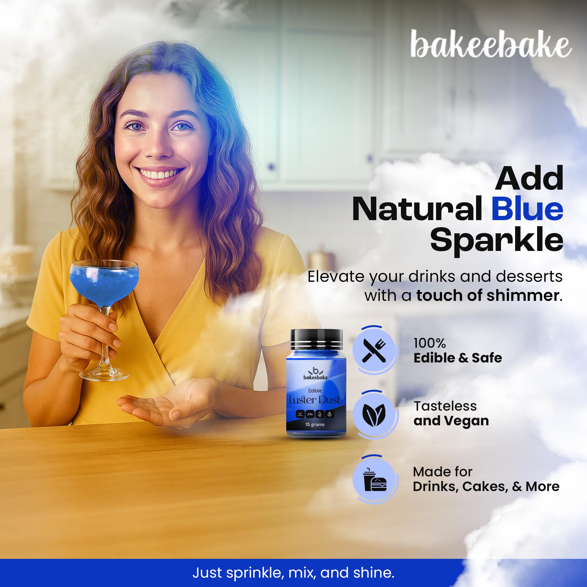 Bakeebake Luster Dust Edible 15g - Edible Glitter for Drinks & Desserts - Gluten Free Edible Blue Dust for Cake Decorating - Tasteless Vegan Drink