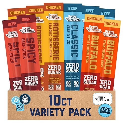 New Primal Meat Sticks Sampler, Grass-Fed Beef, All Natural Chicken, Keto & Gluten Free Healthy Snacks for Adults, Sugar Free Low Carb High Protein