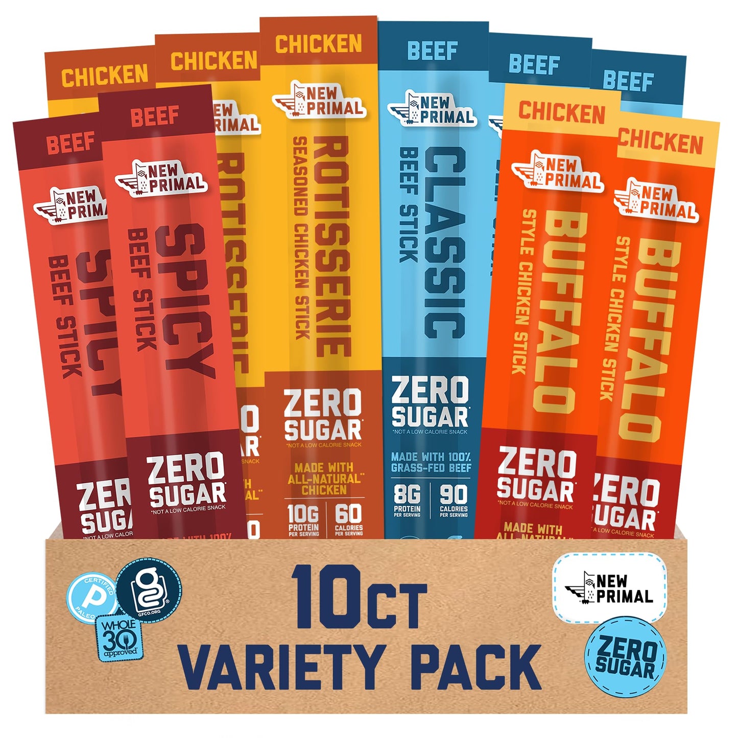 New Primal Meat Sticks Sampler, Grass-Fed Beef, All Natural Chicken, Keto & Gluten Free Healthy Snacks for Adults, Sugar Free Low Carb High Protein