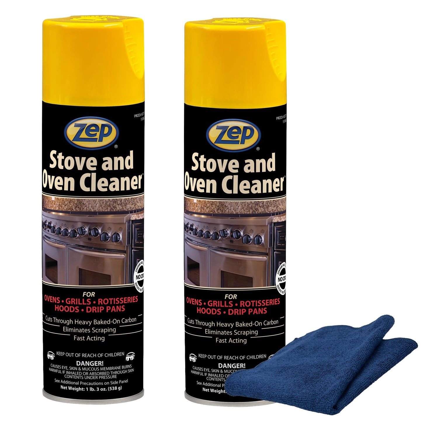 Zep Stove & Oven Cleaner 19 oz (2 Units) & a Blue Microfiber Rag ECBD030-2-Pack Heavy-Duty Baked-On Grease Remover for Oven Interiors, Stovetops