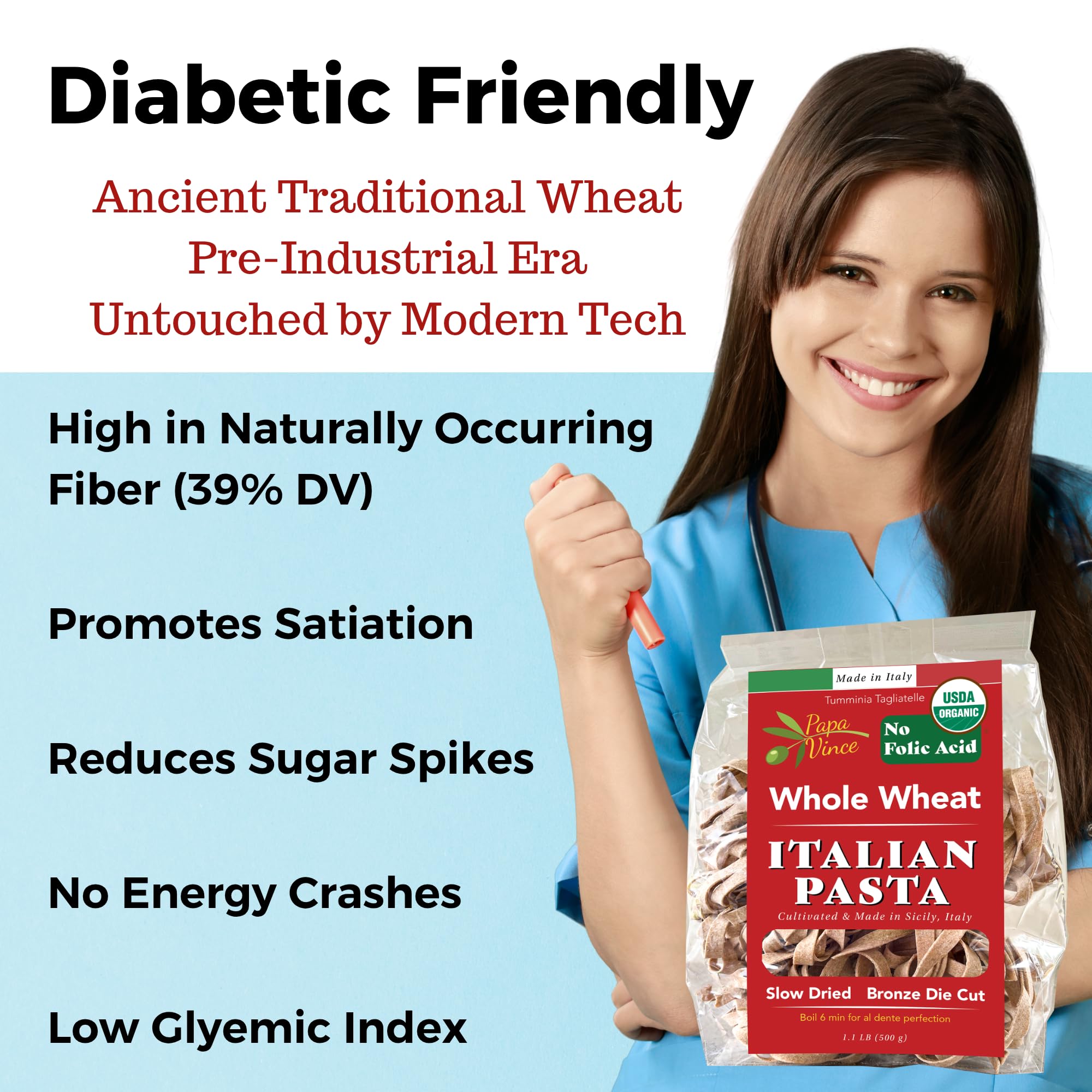 Papa Vince Organic Diabetic Friendly Pasta: Low GI Organic Whole Wheat Italian Pasta Made in Italy from Ancient Heirloom Grain. High Fiber, Slow Carb