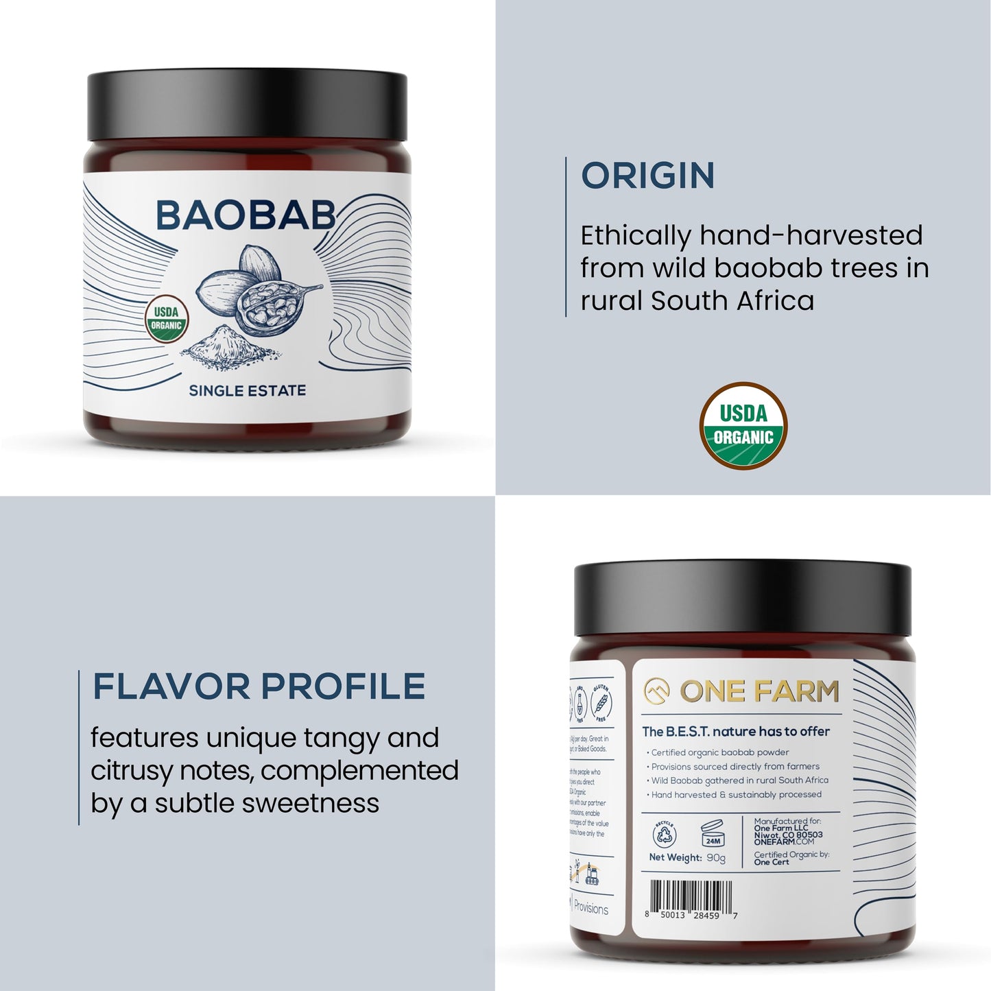 One Farm by WAAYB Organic Baobab Powder Non-GMO, Fair-Trade, Vegan, Gluten Free, Single Origin, 100% South African Baobab, Premium Quality in