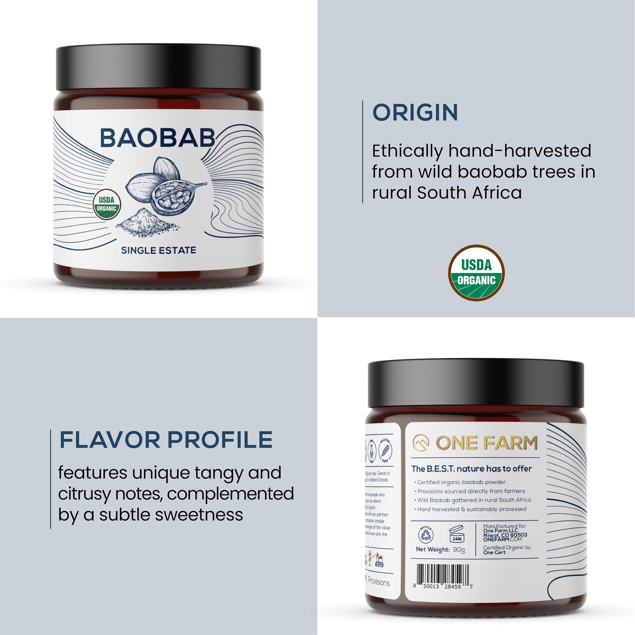 One Farm by WAAYB Organic Baobab Powder Non-GMO, Fair-Trade, Vegan, Gluten Free, Single Origin, 100% South African Baobab, Premium Quality in